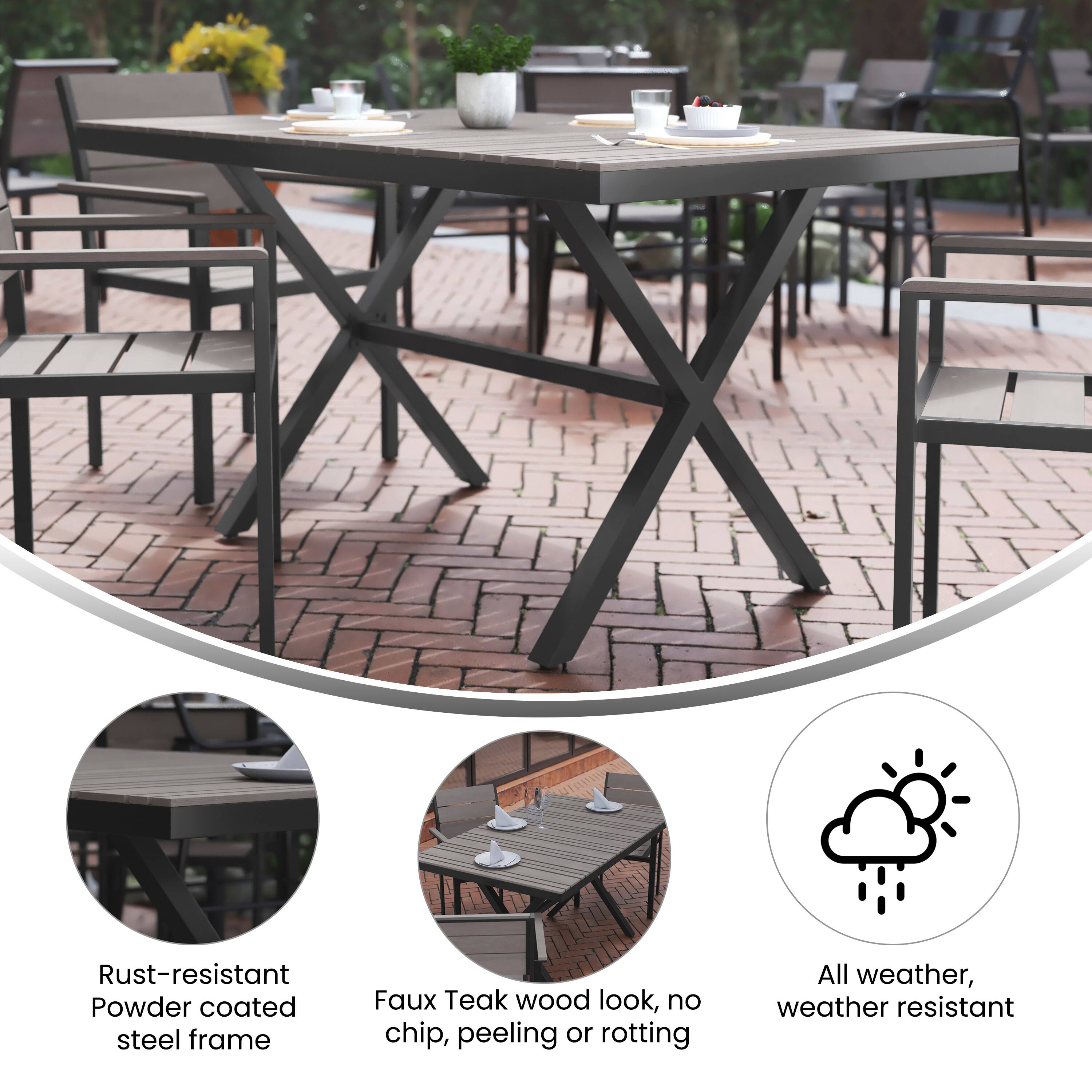 - Rust-resistant Powder coated steel frame
- Faux Teak wood look, no chip, peeling or rotting
- All weather, weather resistant
