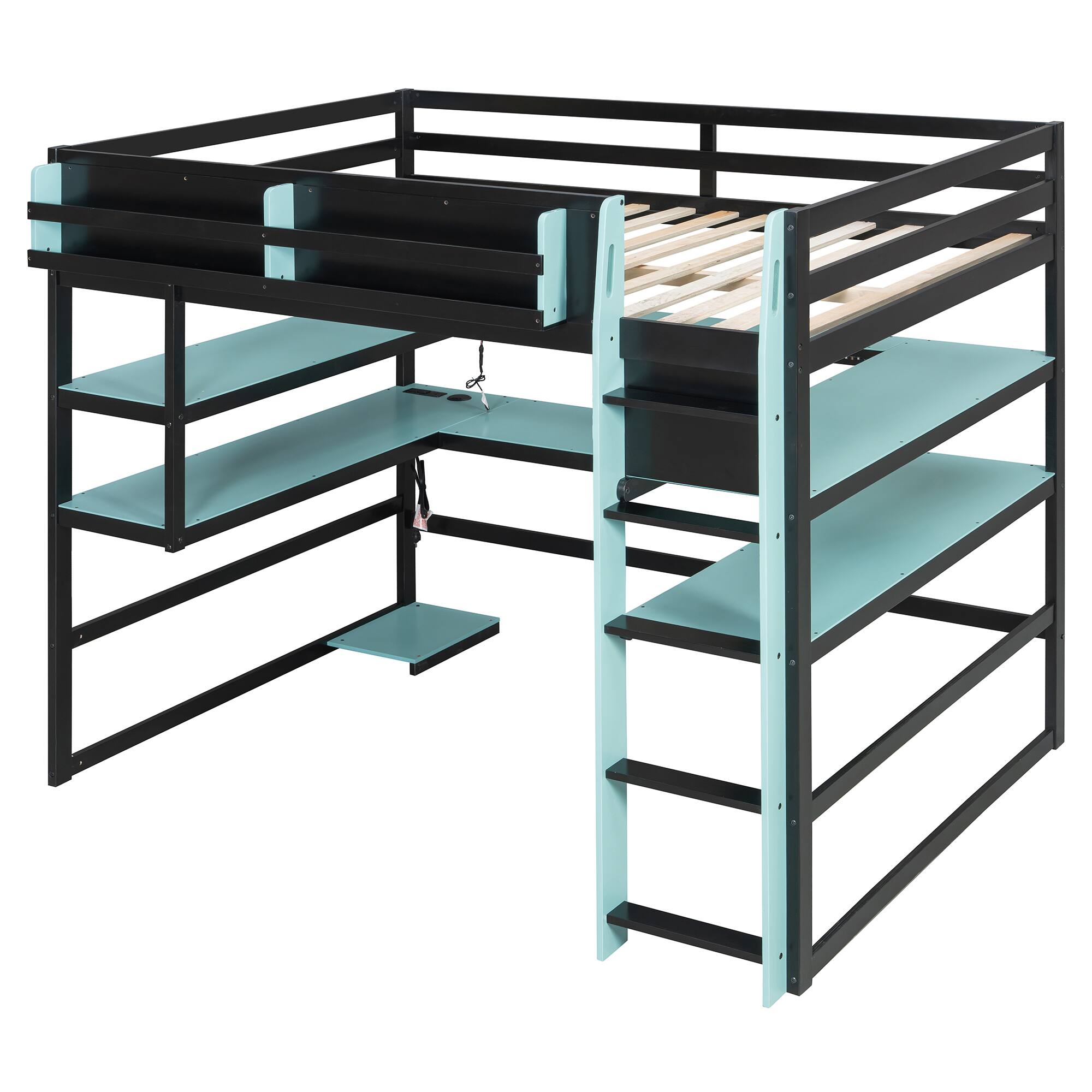 Back. Anysun - Full Size Wood Loft Bed with Desk,Side storage rack,Multi-storage Shelves and RGB Light - Blue.