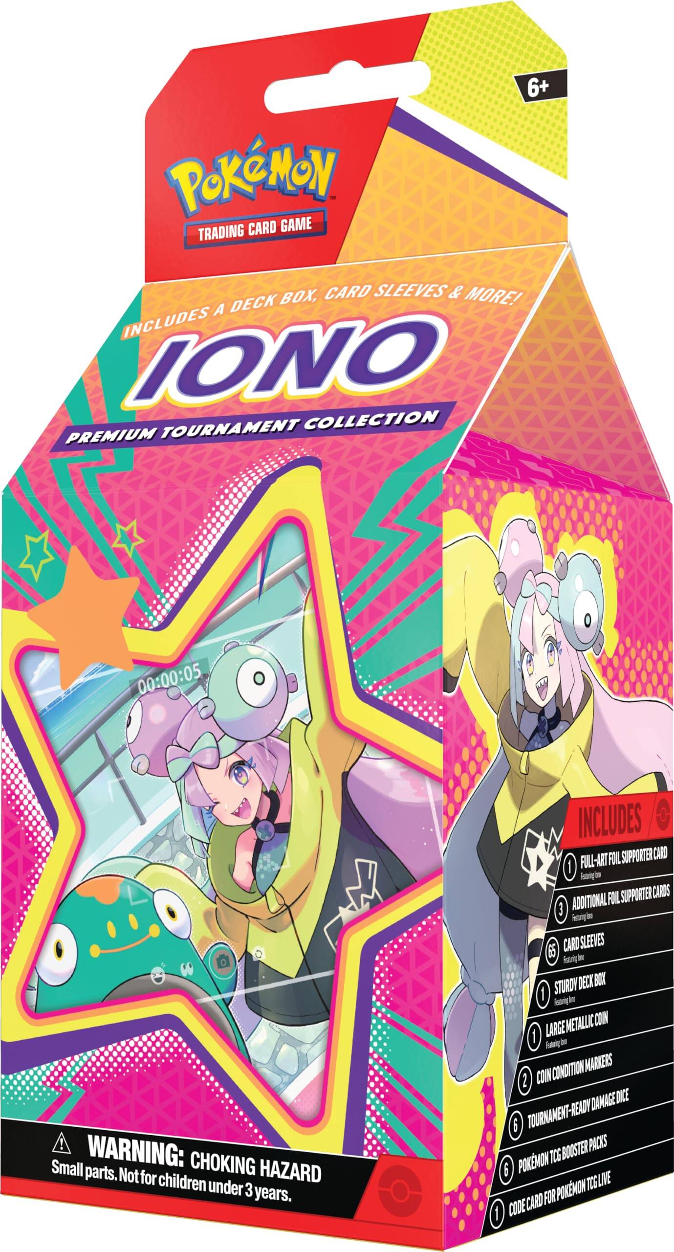 6+ Pokémon - Trading Card Game Box, Card Sleeves & More! A Deck Includes Iono Tournament Collection Premium 00:00:05! Small Warning: Choking Hazard. Not for children under 3 years. Includes - Art Foil Supporter Card, Aregie FONL Supporter Cards, 3 Additional Card Sleeves, 6 Strong Deck Box, 1 Iuatriqpine Metallic Coin, 1 Large Iuny Condition Markers, 2 Con Damage Dice, Tournament-Ready, 6 Booster Packs, Pokémon T0G, 6 TOG Live for Pokémon Code Card
