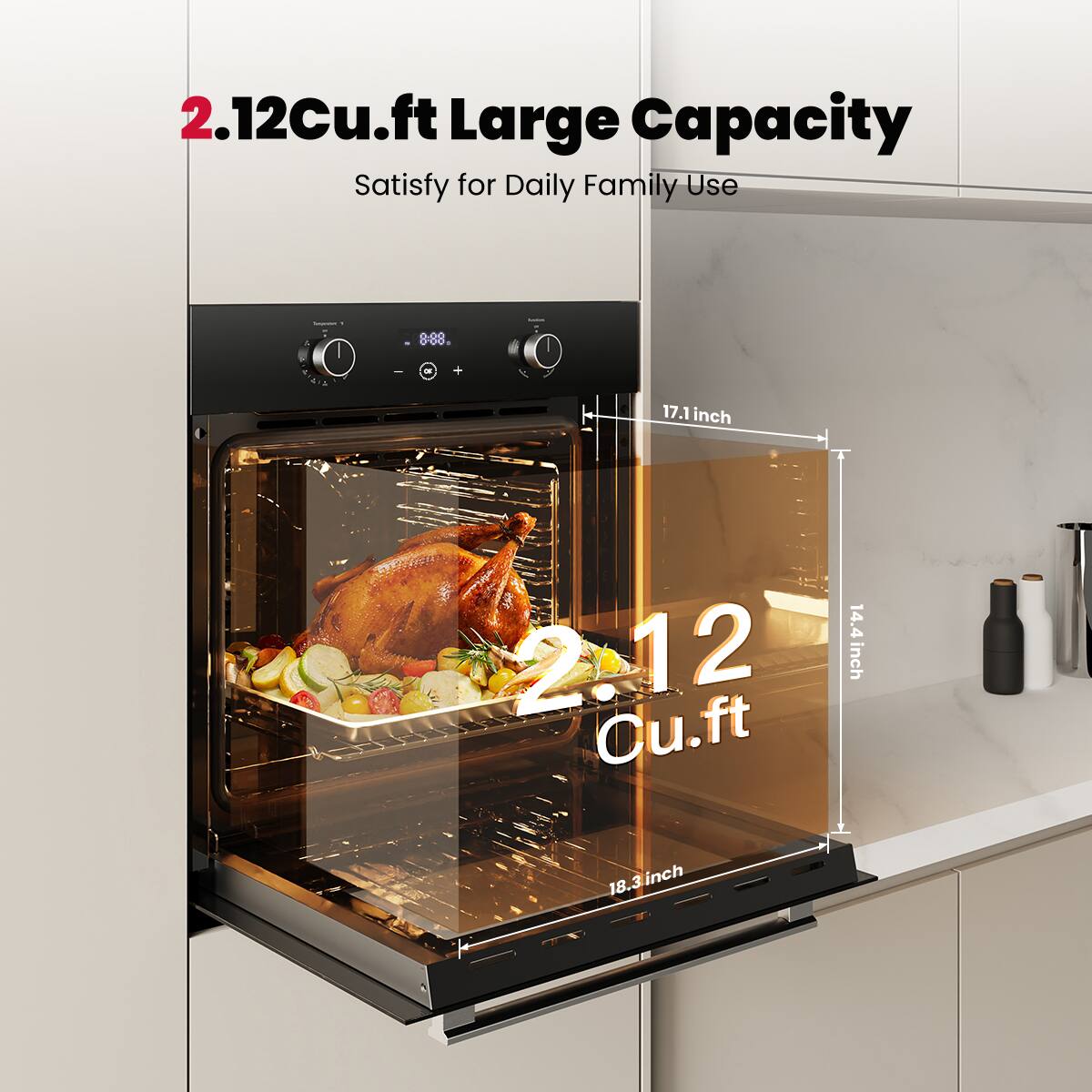 2.12 Cu.ft Large Capacity  
Satisfy for Daily Family Use  

2.12 Cu.ft  

17.1 inch  
14.4 inch  
18.3 inch