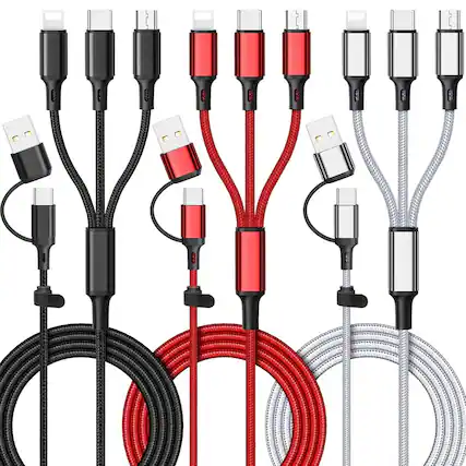 Front. PARKER SLATER - 6 in 1 multi charging cable, 4ft nylon braided fast charger cord USB A/C to USB-C, Micro USB - Black/red/white.