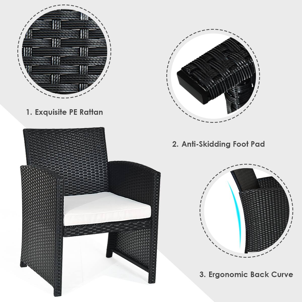 S 1. Exquisite PE Rattan
2. Anti-Skidding Foot Pad
3. Ergonomic Back Curve