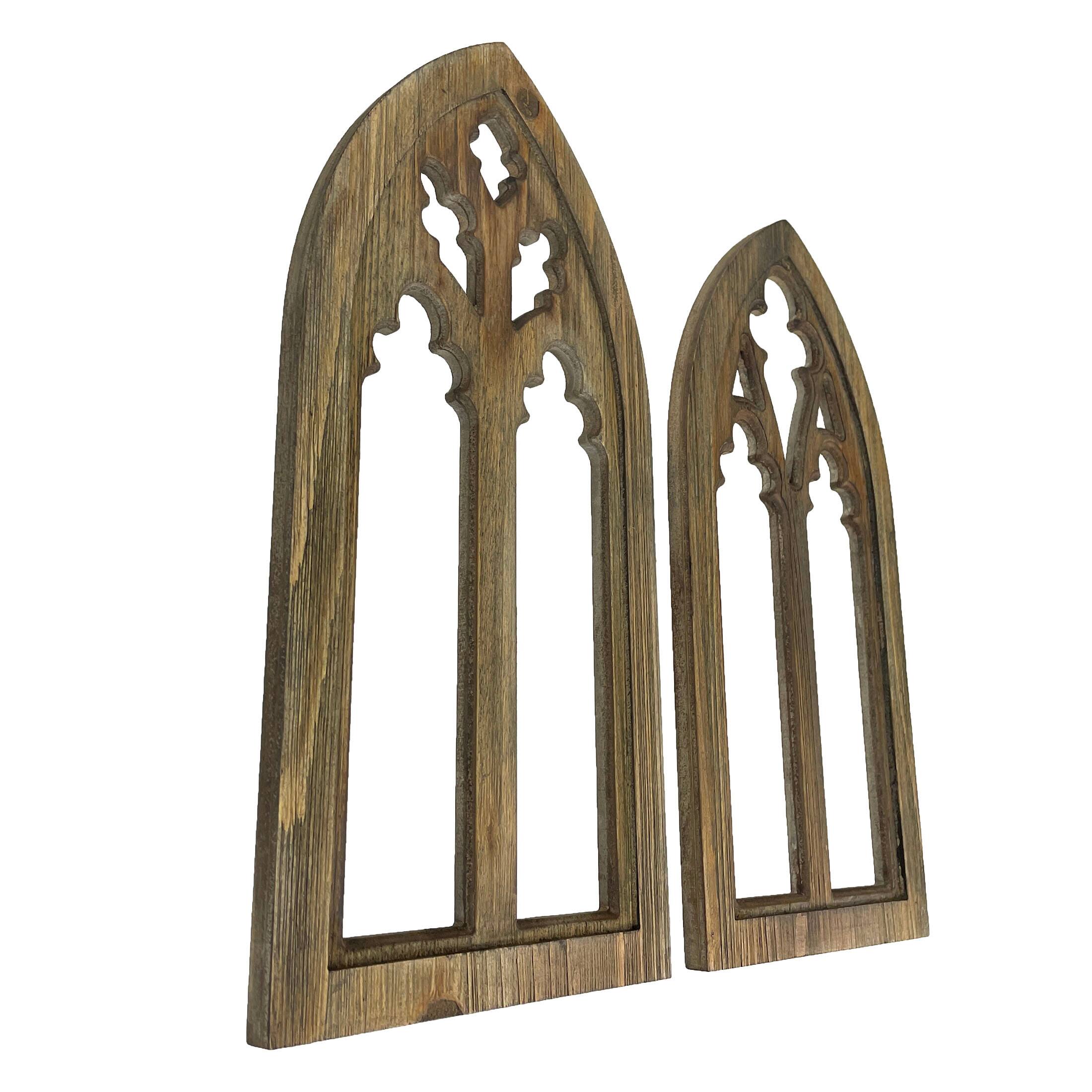 Alt View 1. Zeckos - Blackwashed Wood Gothic Arch Window Frame Wall Decor 2 Piece Set - Black.