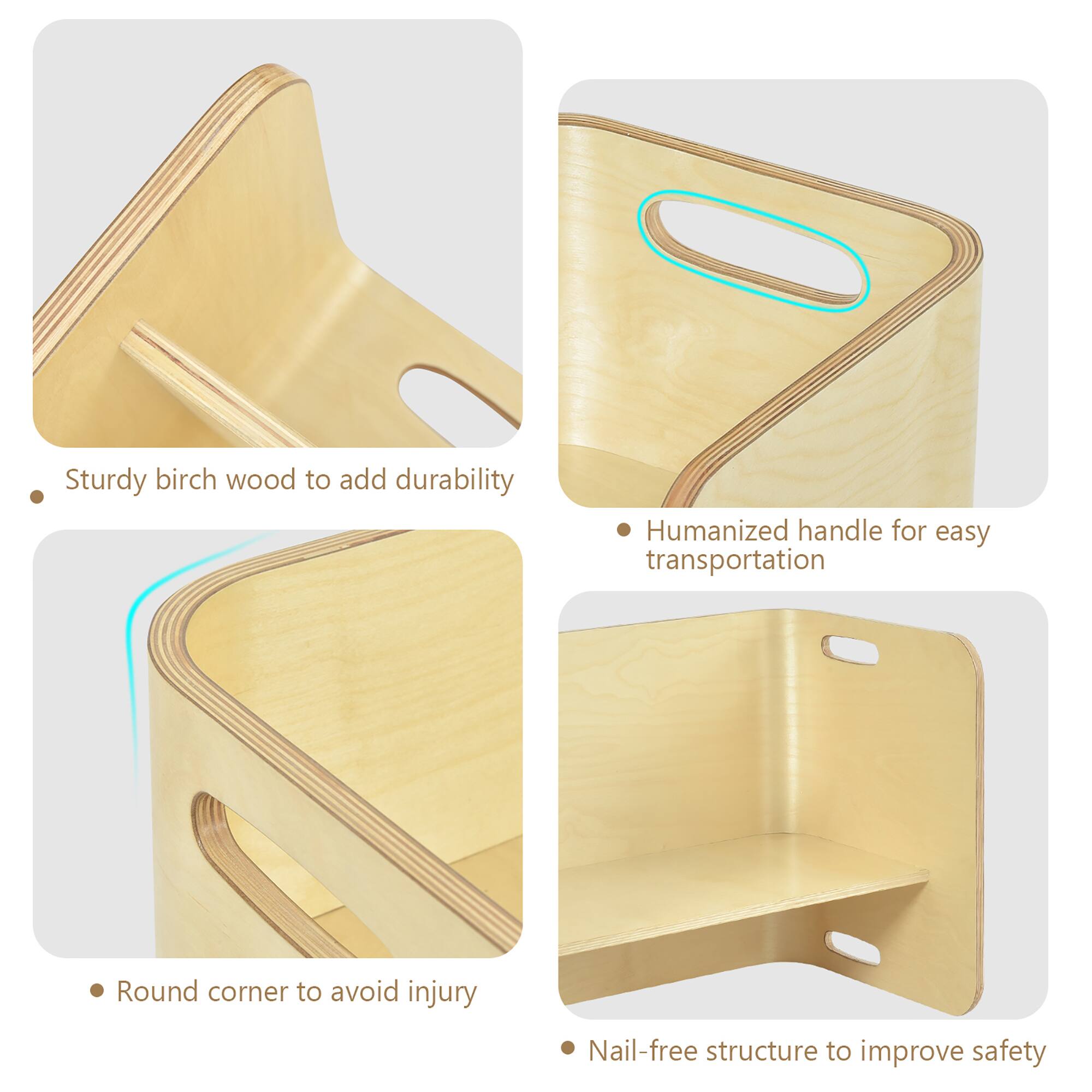 - Sturdy birch wood to add durability
- Humanized handle for easy transportation
- Round corner to avoid injury
- Nail-free structure to improve safety