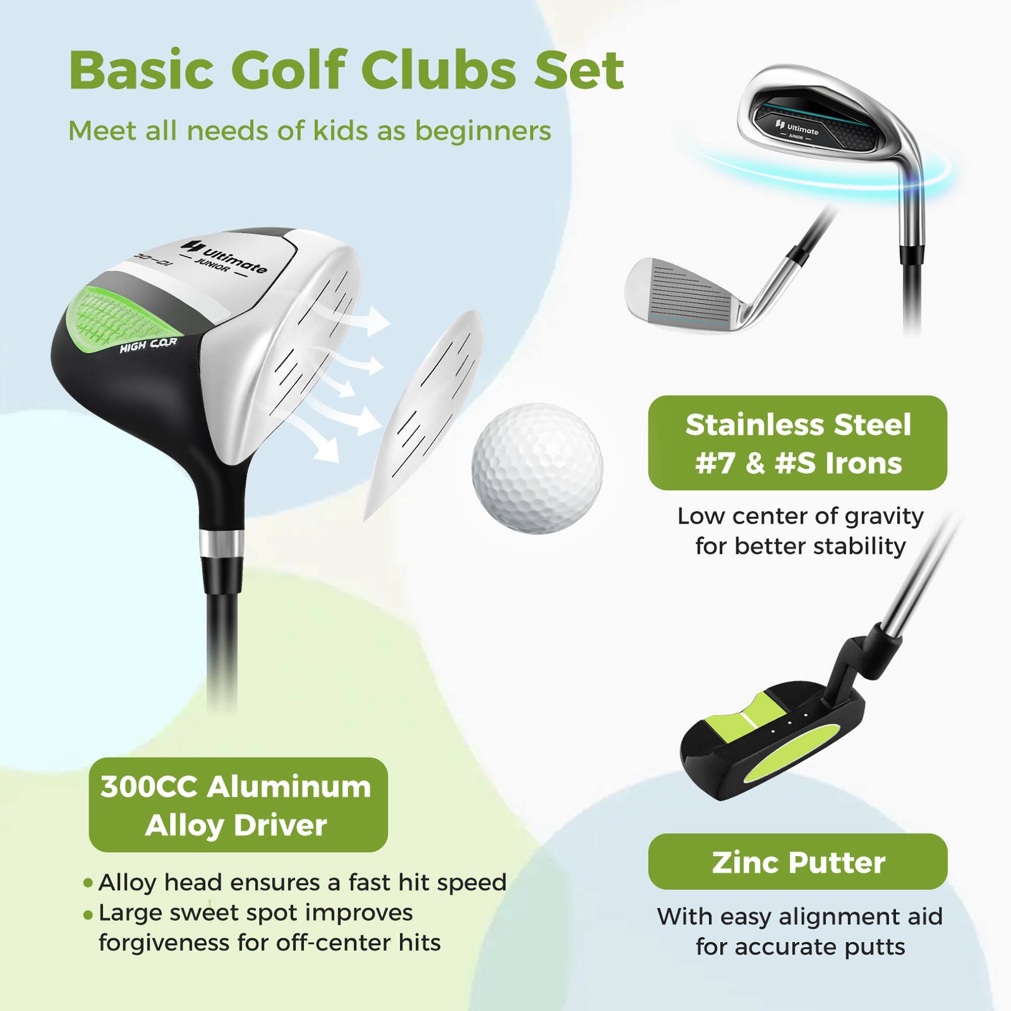 Basic Golf Clubs Set  
Meet all needs of kids as beginners  

300CC Aluminum Alloy Driver  
- Alloy head ensures a fast hit speed  
- Large sweet spot improves forgiveness for off-center hits  

Stainless Steel #7 & #S Irons  
- Low center of gravity for better stability  

Zinc Putter  
- With easy alignment aid for accurate putts