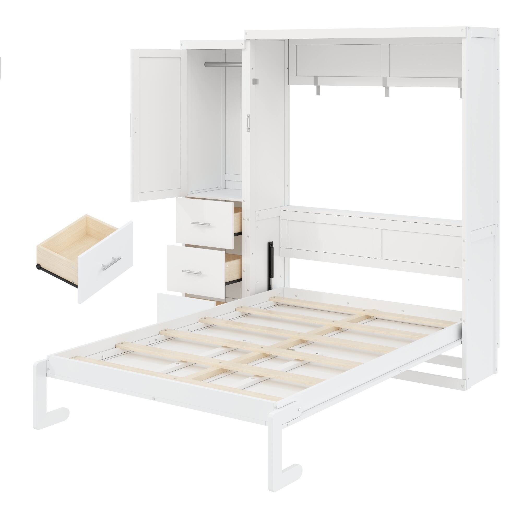 Back. Whisen - Full Size Murphy Bed Frame with Wardrobe and Drawers, Foldable Storage Cabinet Bed - White.