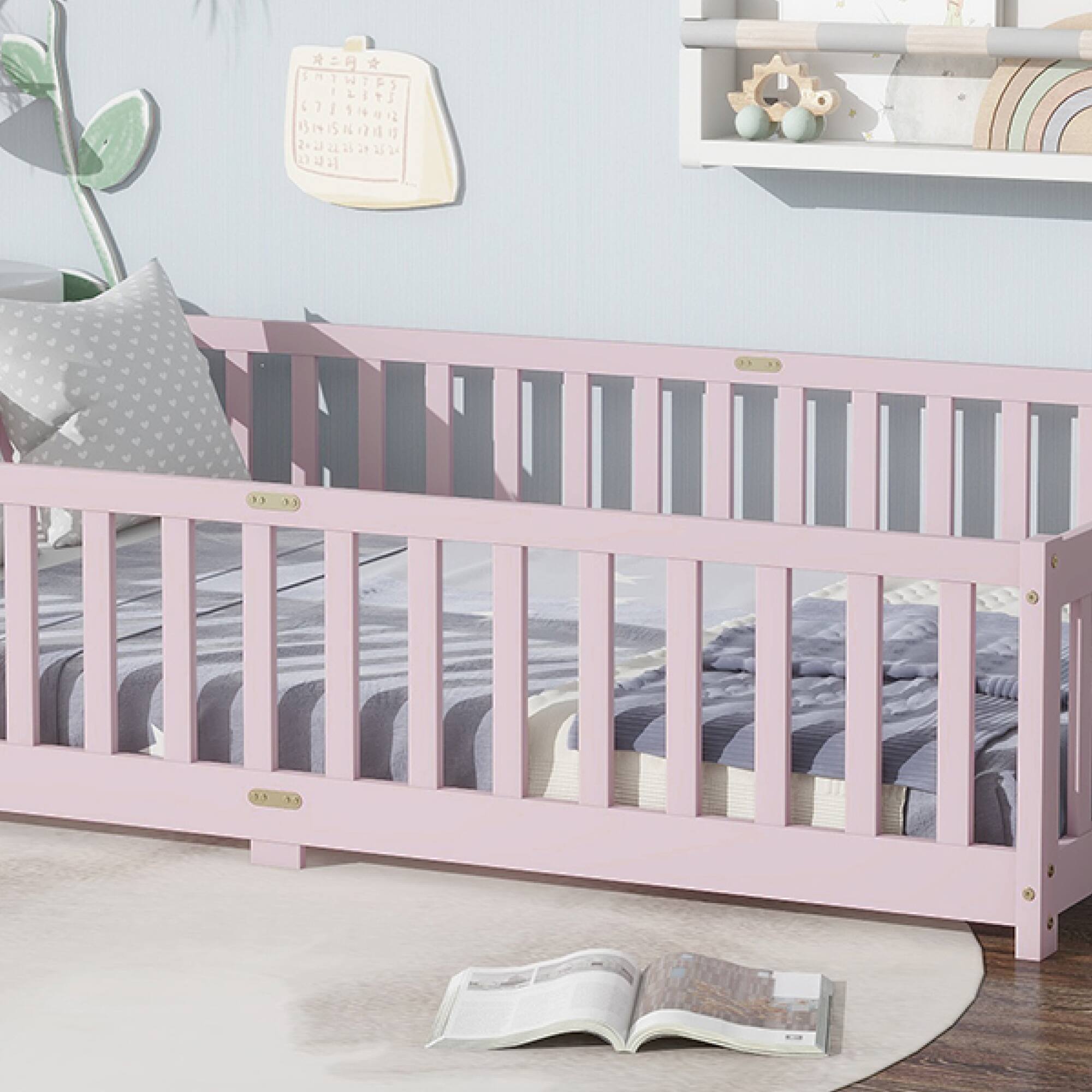 Alt View 6. GOODSILO - Full Size Floor Bed with Safety Fence and Revolving Door for Children, Sturdy Rubber Wood Construction - Pink.