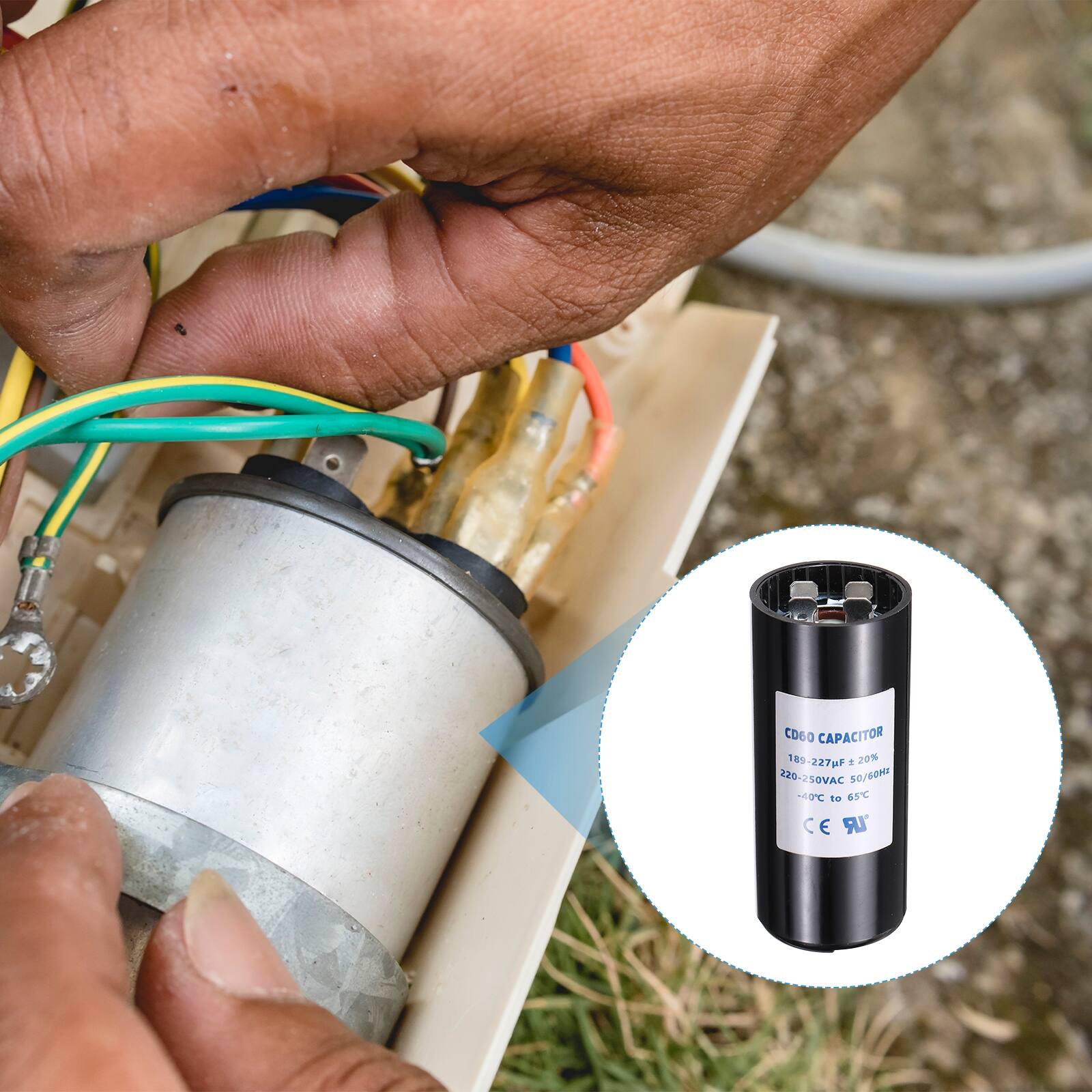 CD60 CAPACITOR  
189-227µF ±20%  
220-250VAC 50/60Hz  
-10°C to 65°C  
CE "IR"