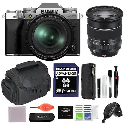 01 FUJIFILM X-T5 FUJINON ASPHERICAL LENS SSC S EBC SUPER WR EBC SIO XF 1:4 16-80mm 5 35 A 22 16 XF Jot 23 16 I 11 8 5.6 16-80 4 DELKIN DEVICES ADVANTAGE 6 64 GB SP V30 XC I UHS-I PIXEL PIXEL LENS CLEANING PAPER Dedie wie - a mge THY PIXEL
