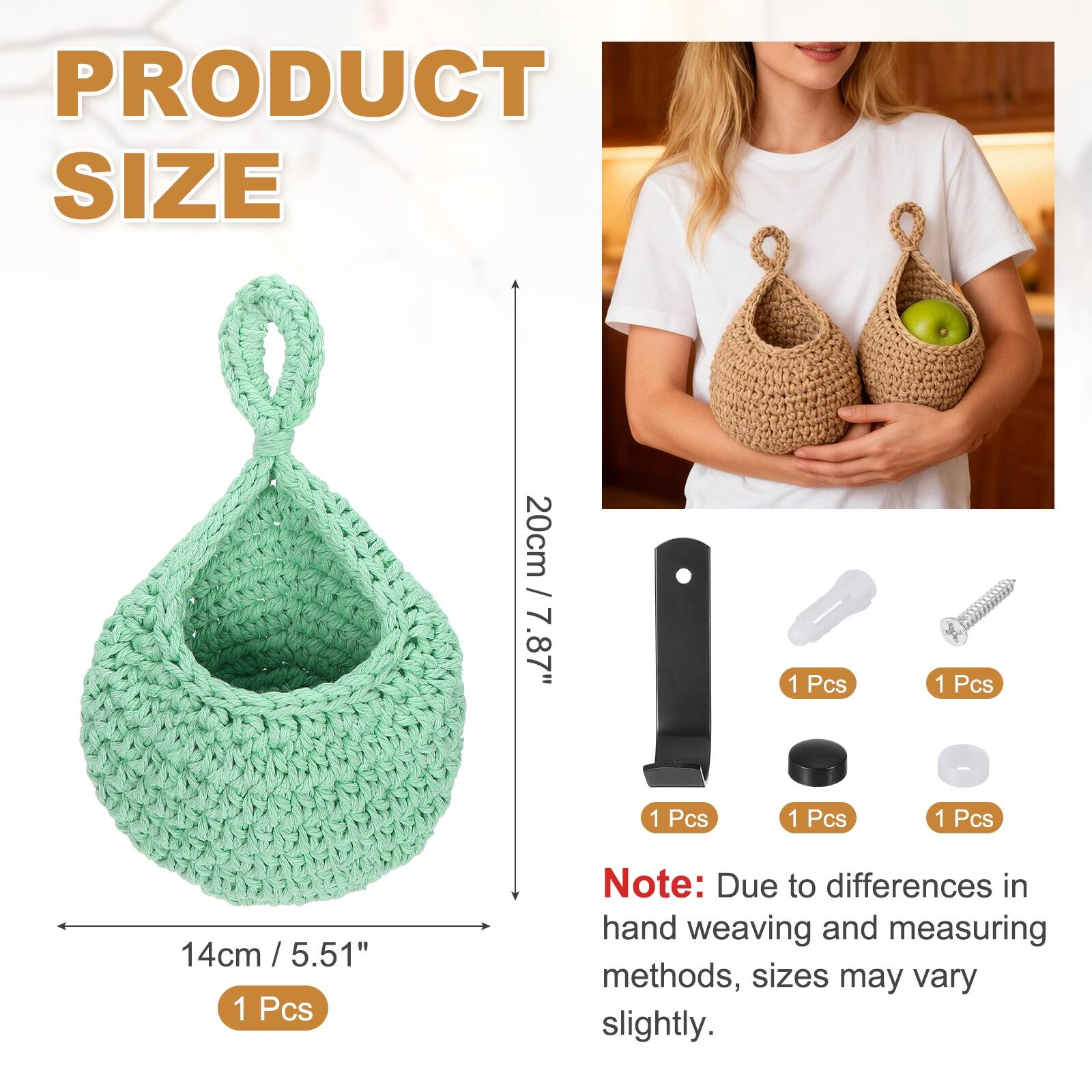 PRODUCT SIZE

20cm / 7.87"  
1 Pcs

14cm / 5.51"  
1 Pcs

Note: Due to differences in hand weaving and measuring methods, sizes may vary slightly.
