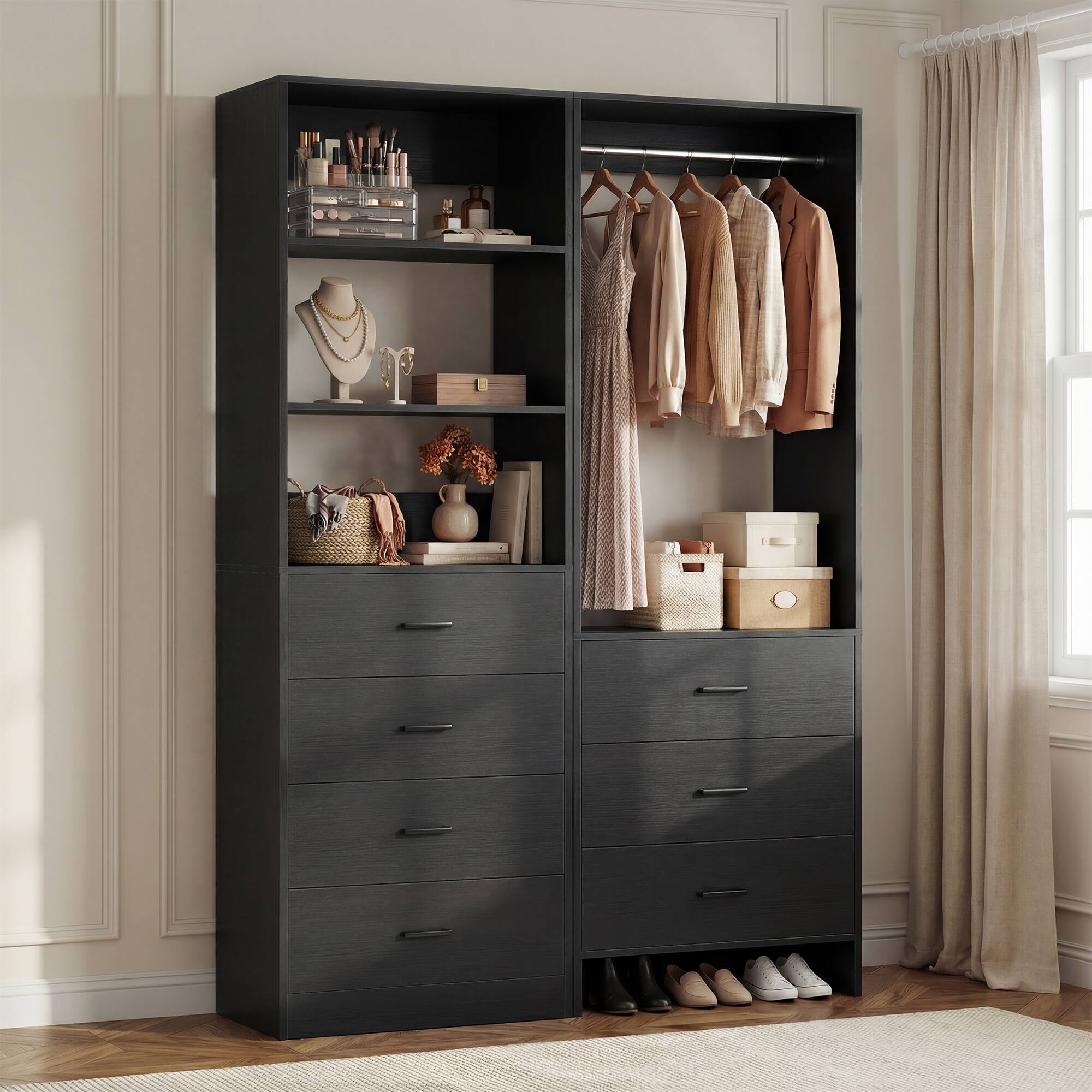 Front. Aheaplus - 45''  Closet Organizer System Set of 2 - with 7 Drawers, Hanging Rod and Adjustable Shelf - Black.