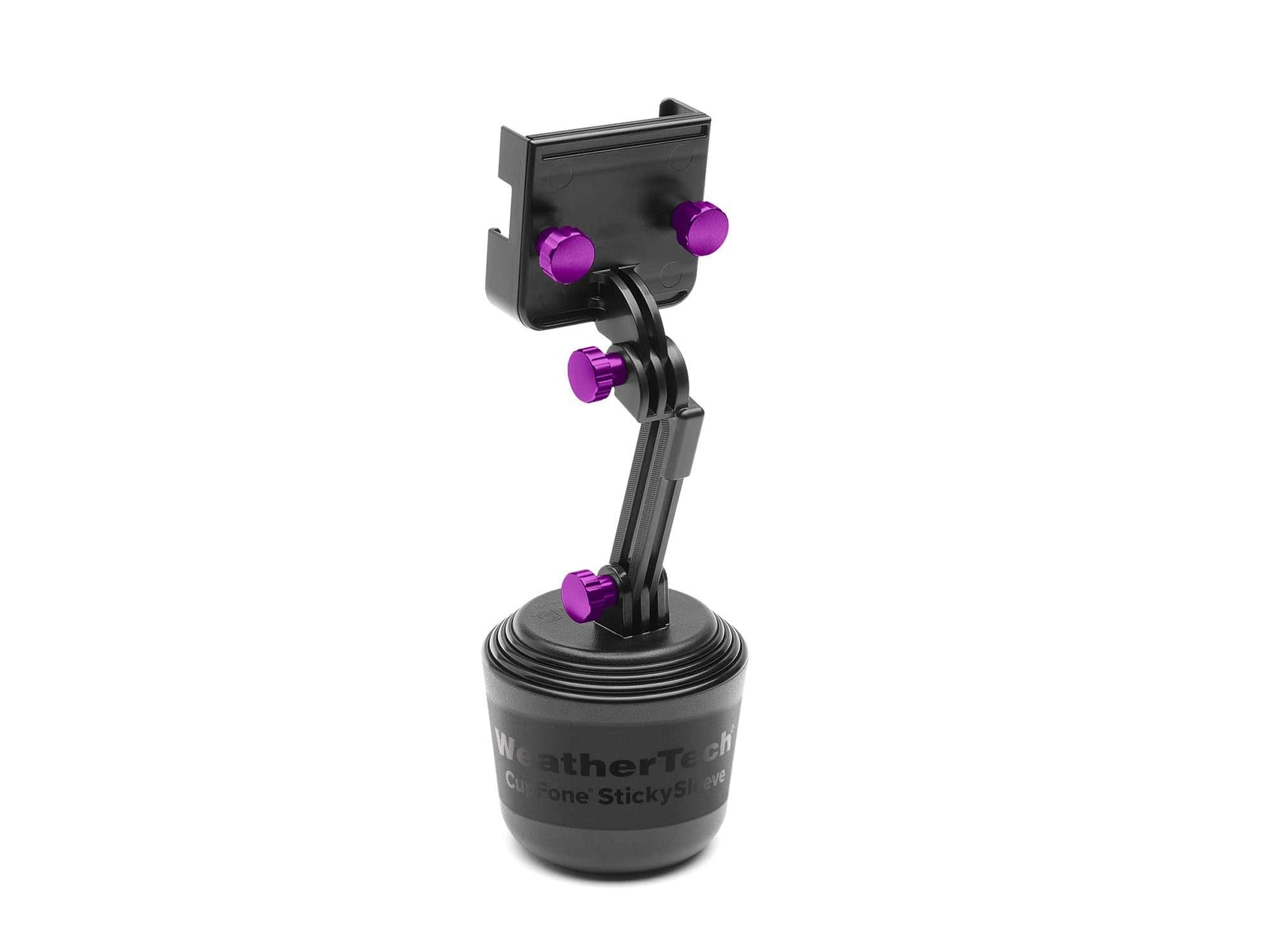 WeatherTech - CupFone Two View with Extension | Rotatable & Extendable Universal Cup Holder Phone Mount – Violet Metal Knobs - Black/Violet Metal