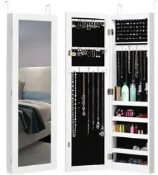 Costway - Wall Door Mounted Mirrored Jewelry Cabinet Organizer Storage w/LED Light - White - Front_Zoom
