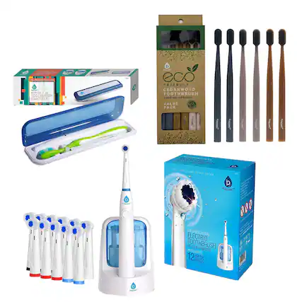 PORTABLE UV TOOTHBRUSH SANITIZER, FRIENDLY CEDARWOOD TOOTHBRUSH a pack with soft bristles VALUE PACK, PUSONIC, PUSONIC PROFESSIONAL ELECTRIC TOOTHBRUSH WITH UV SANITIZER INCLUDES 12 BRUSH HEADS