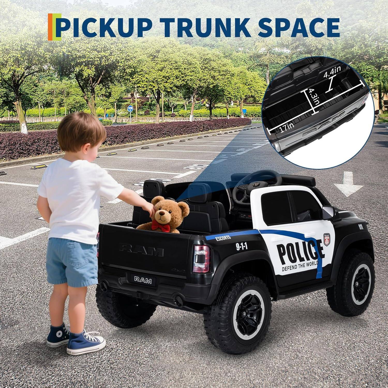 PICKUP TRUNK SPACE

17in TANE 4.4in 4.3in

RAM

ESCORTS 9-1-1 POLICE THE WORLD DEFEND