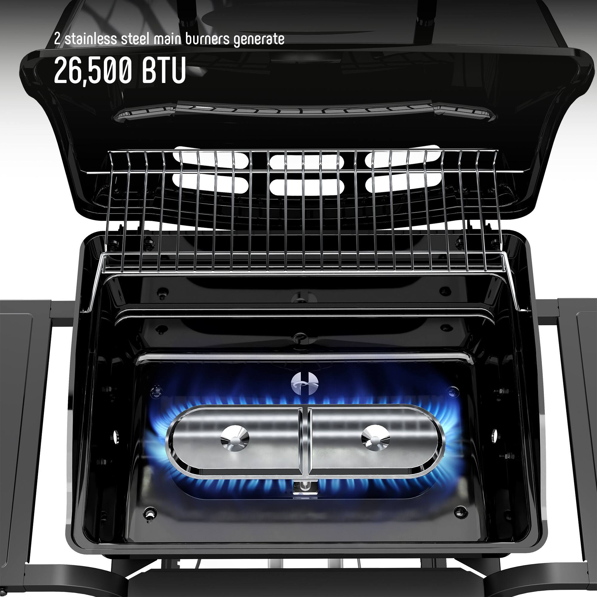 2 stainless steel main burners generate 26,500 BTU