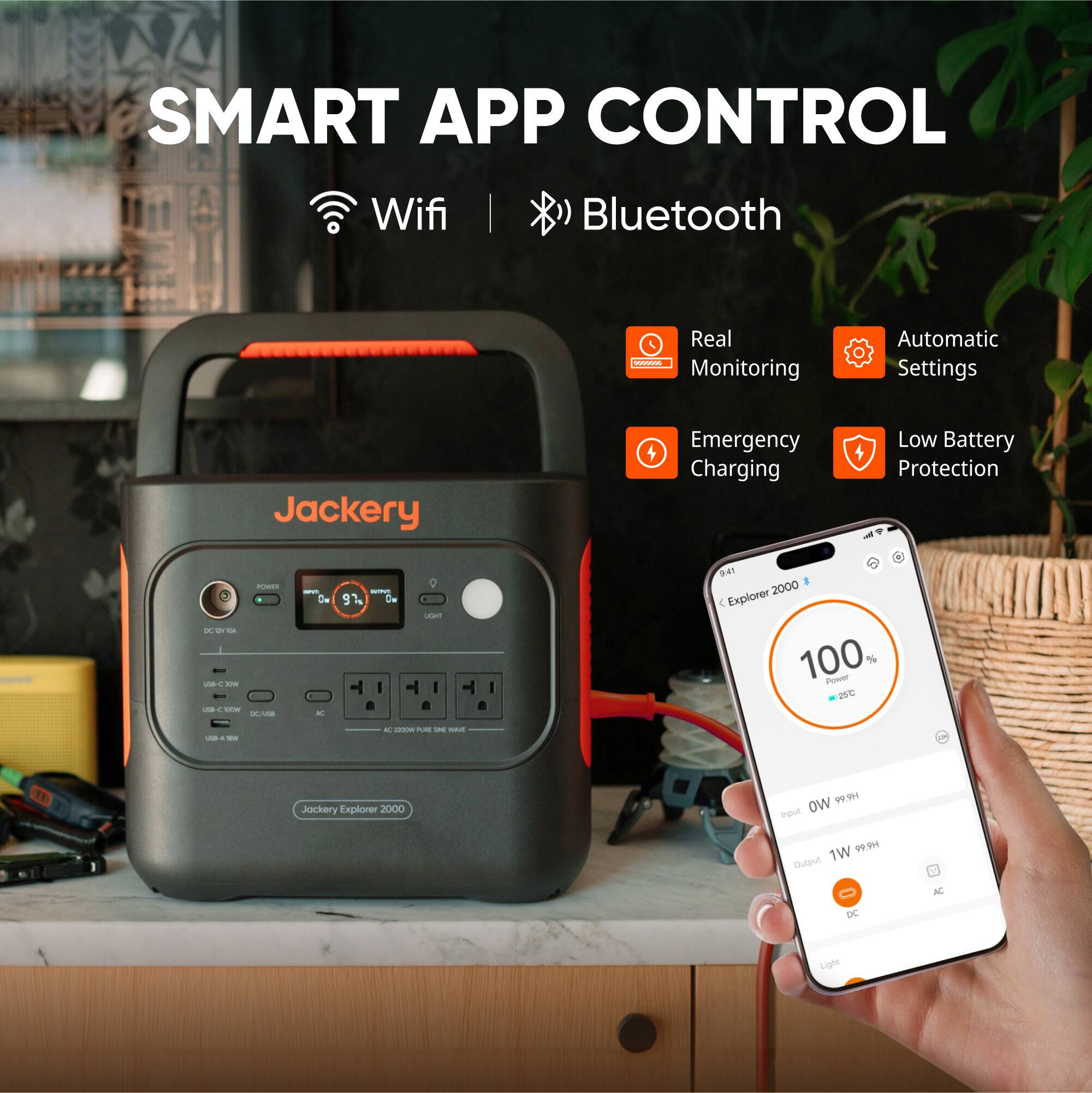SMART APP CONTROL  
Wifi Bluetooth  
Real Monitoring  
Automatic Settings  
Emergency Charging  
Low Battery Protection  

Jackery Explorer 2000  
Input: 1W 99  
Output: DC AC  
Light  

100%