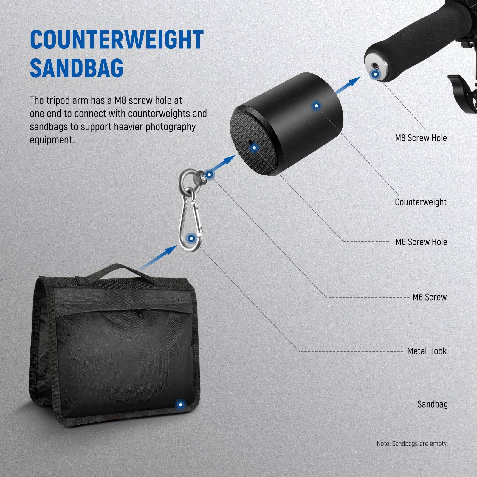 COUNTERWEIGHT SANDBAG

The tripod arm has an M8 screw hole at one end to connect with counterweights and sandbags to support heavier photography equipment.

- M8 Screw Hole
- Counterweight
- M6 Screw Hole
- M6 Screw
- Metal Hook
- Sandbag

Note: Sandbags are empty.