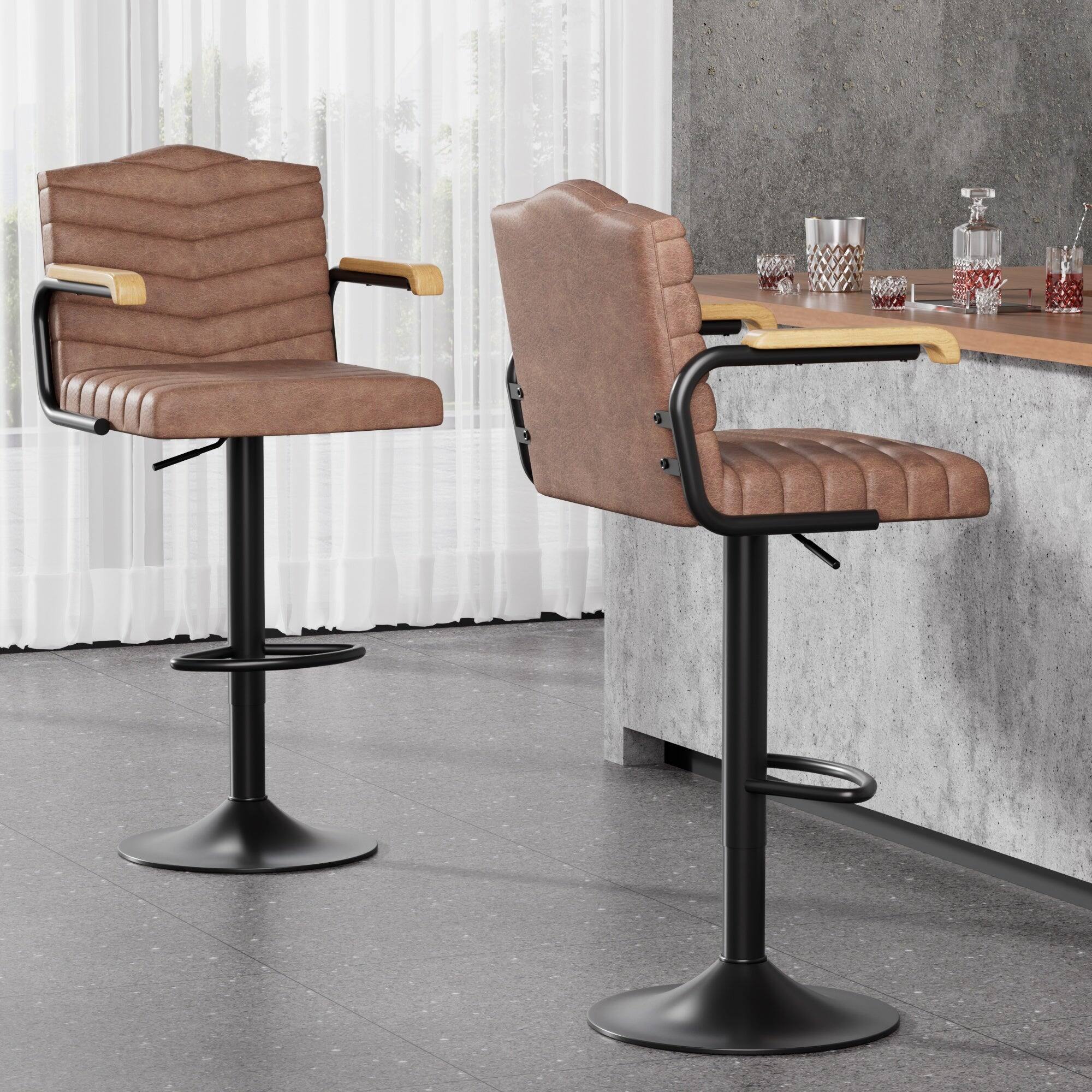 Alt View 1. Vecelo - Set of 2 PU Leather Bar Stool with Adjustable Height - Brown Swivel Bar Stool with Footrest - Brown.