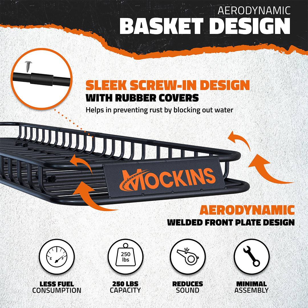 AERODYNAMIC BASKET DESIGN

- SLEEK SCREW-IN DESIGN WITH RUBBER COVERS
  - Helps in preventing rust by blocking out water

- AERODYNAMIC WELDED FRONT PLATE DESIGN

- LESS FUEL CONSUMPTION

- 250 LBS CAPACITY

- REDUCES SOUND

- MINIMAL ASSEMBLY