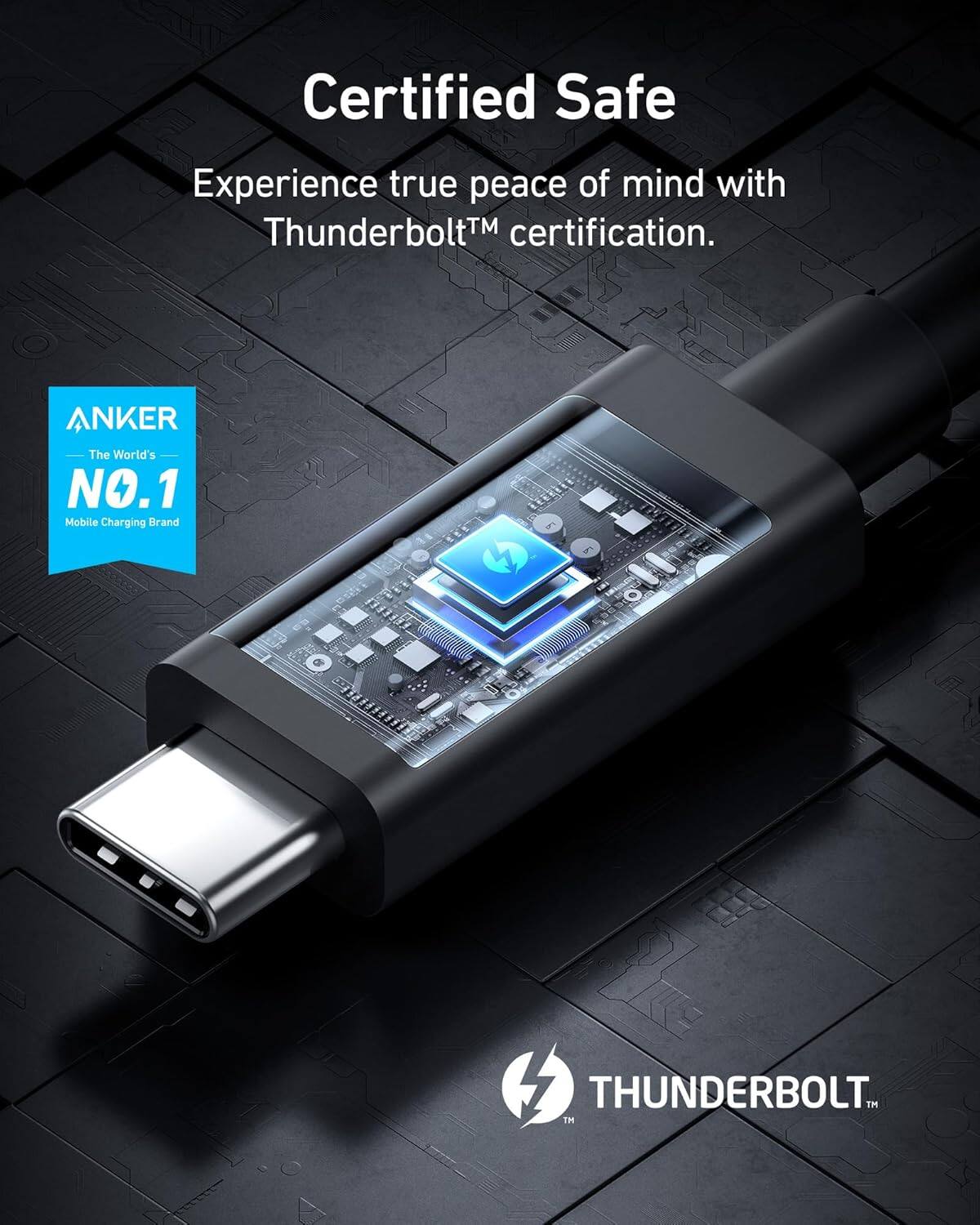 Certified Safe  
Experience true peace of mind with Thunderbolt™ certification.  

ANKER  
The World's NO.1 Mobile Charging Brand  

THUNDERBOLT™