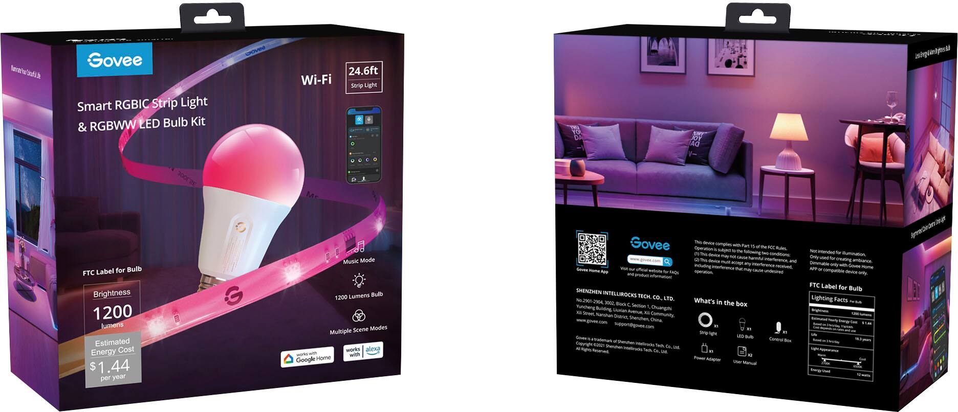 The text on the image reads:

"Govee Smart RGBIC Strip Light RGBWW LED Bulb Kit & Govee 24.6ft Wi-Fi Light Strip JOY DAY ishglinifosii 300RE Label for Bulb FTC Brightness 1200 lumens Estimated Energy Cost $ .44 per year Music Mode 1200 Lumens Bulb Scene Modes Multiple works alexa Ms - with Google Home Govee Gover Voa - uffeul Home Ape wabstte for FAGS and product ifortation SHENZHEN INTELLIROCKS TECH Co. LTD. No 79H 2904 3002 todk Section Yuncheng Bulding Lusian Quanga XS Street, Avenue .. Nanshan Disbrut Sheryhen Community com China suppon@giver.com Gones tademas Copyryhe theruten netrods 200 Sherten Tech Ch LME - - mtricho Sech Recerved de. LAE This device comples - Part T the Ooperation FCE Rules suljeo N the fullowing D thes Device -A condiions may i sause harnful  This device interference and ~ - induding any interference received nterfierence tar may Tause aperation undesired What's in the box 3 a St lghe LES M Contral -o . Power Adeprter User Menual Not A."