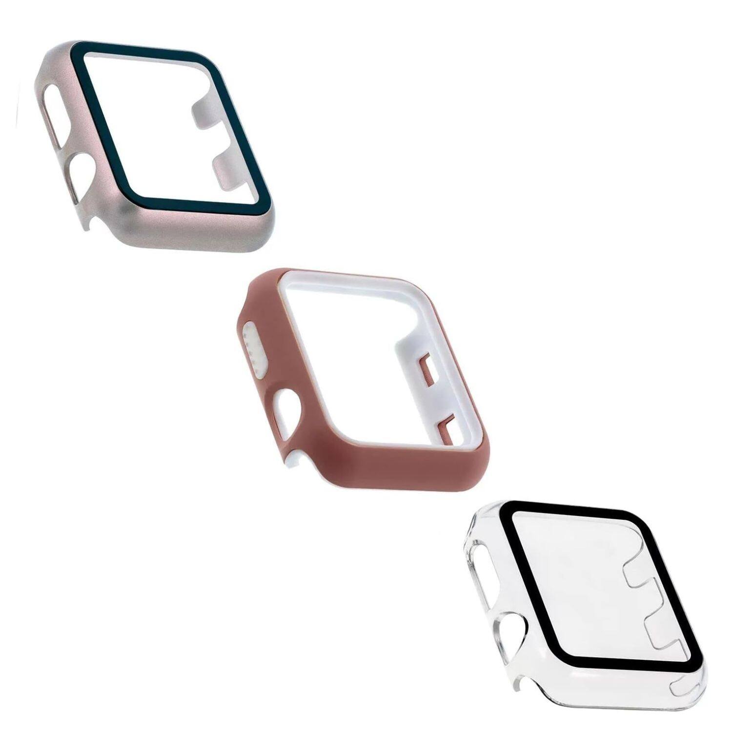 Front. Stock Preferred - 3 Pack Apple Watch 40mm Protective Cover with 9H Tempered Glass - Rose Gold, Pink, Clear.
