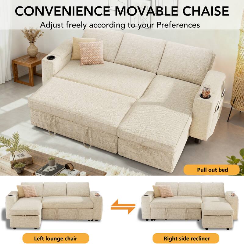 CONVENIENCE MOVABLE CHAISE  
Adjust freely according to your Preferences  

Pull out bed  
Left lounge chair  
Right side recliner