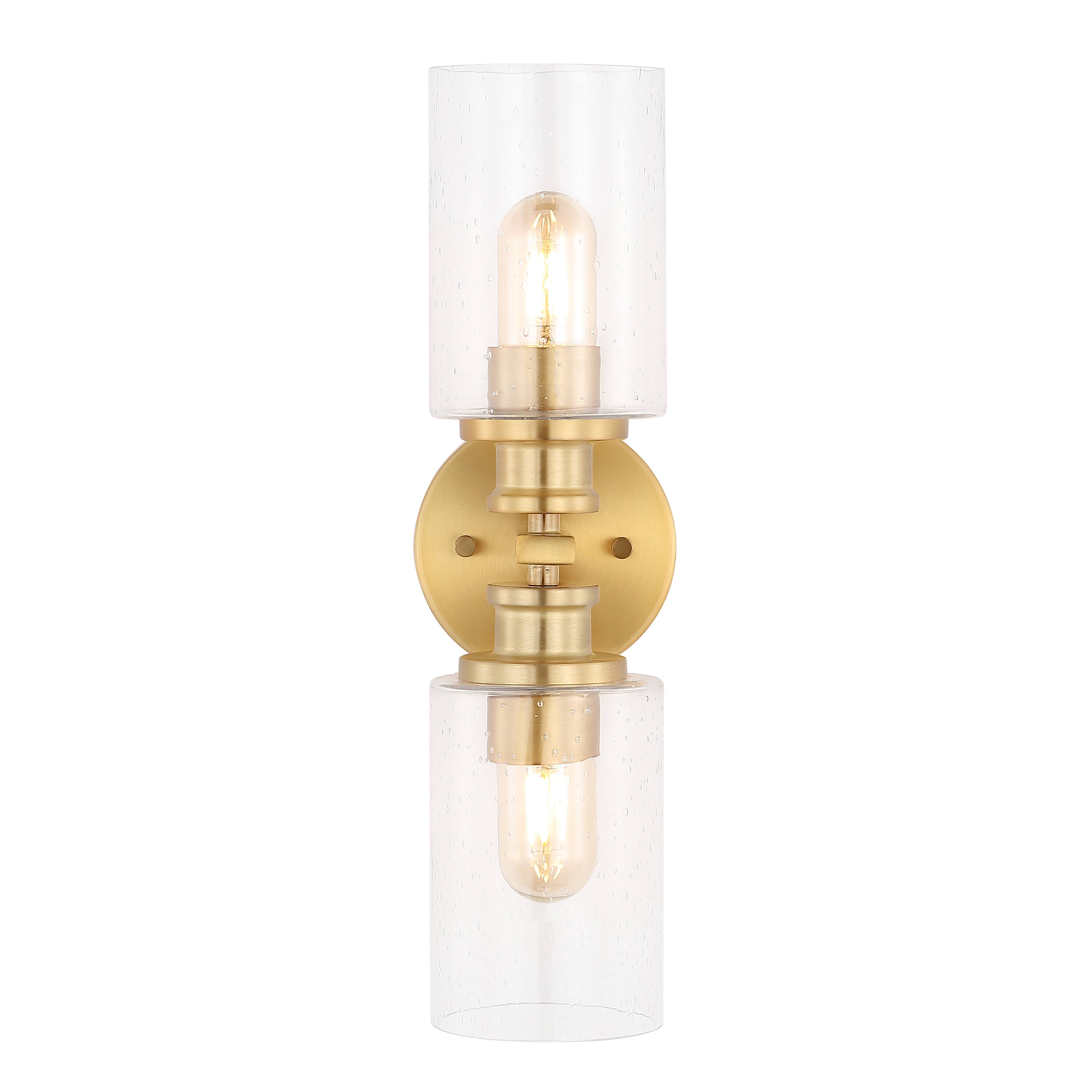 Alt View 7. Jonathan Y - Jules Edison 16.5" Cylinder 2-Light Iron/Seeded Glass Farmhouse Contemporary LED Wall Sconce, Brass Gold - Brass Gold.