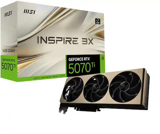 The text on the image reads: "Inspire X GeForce RTX 5070Ti DLSS 4 GeForce RTX 5070Ti Reflex 16GB GDDR7."
