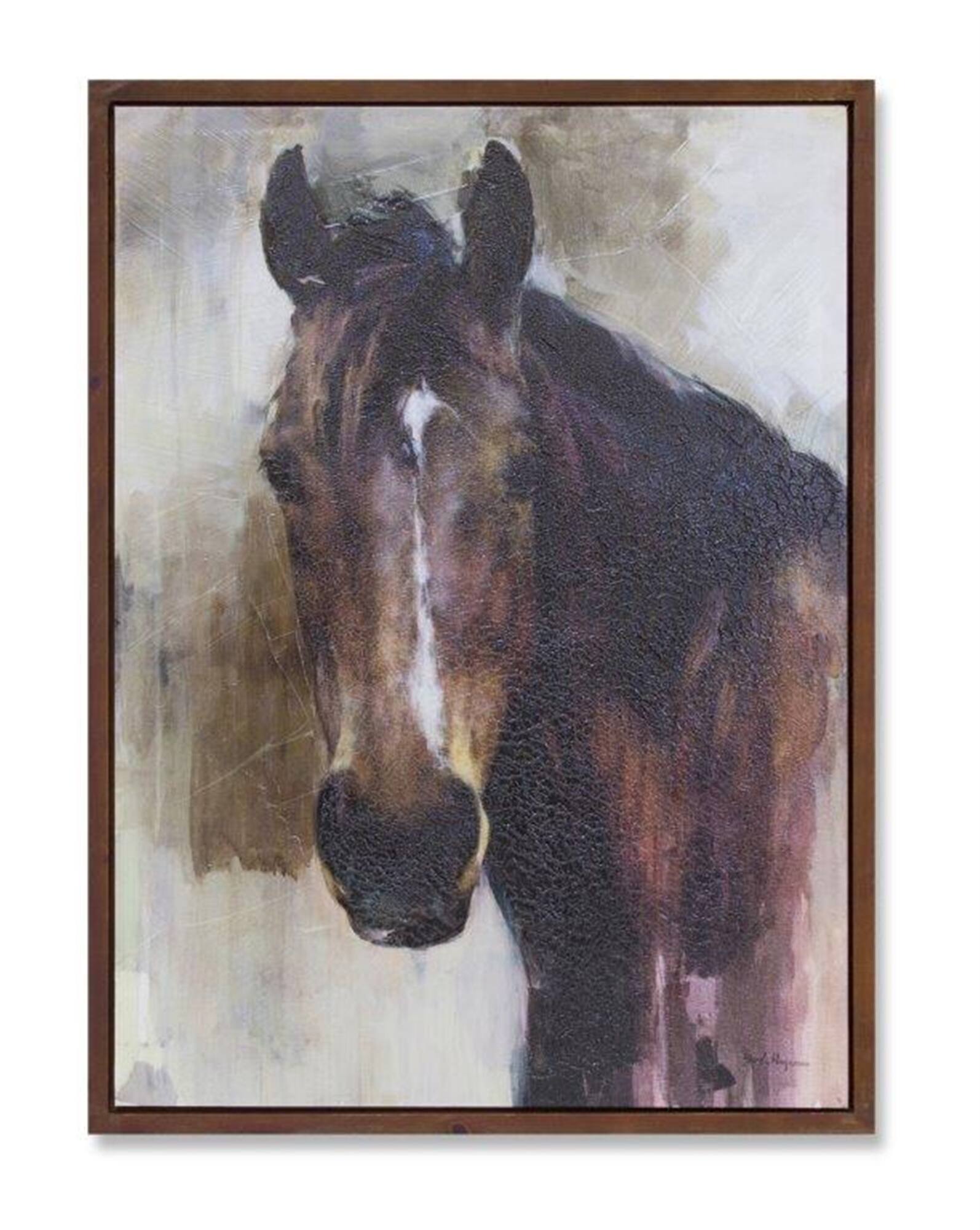 BreeBe - Wood Framed Horse Canvas Painting 31.5"H - Brown, White, Beige