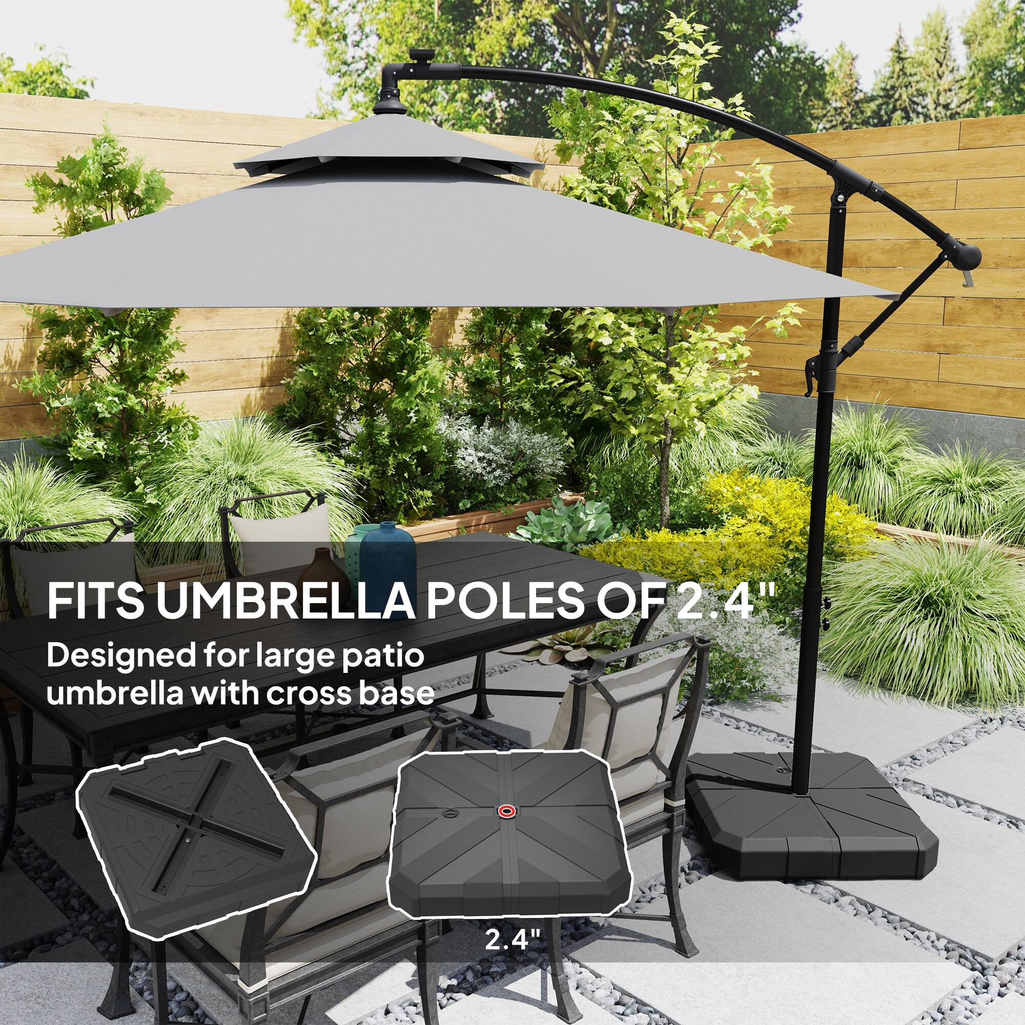 FITS UMBRELLA POLES OF 2.4" Designed for large patio umbrella with cross base