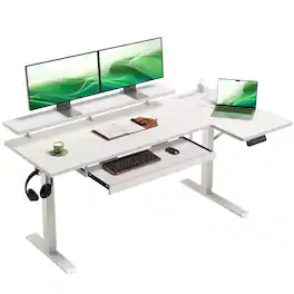 AODK - Reversible L-Shaped Electric Standing Desk with Drawers, Power Outlets, Keyboard Tray & Monitor Stand - White