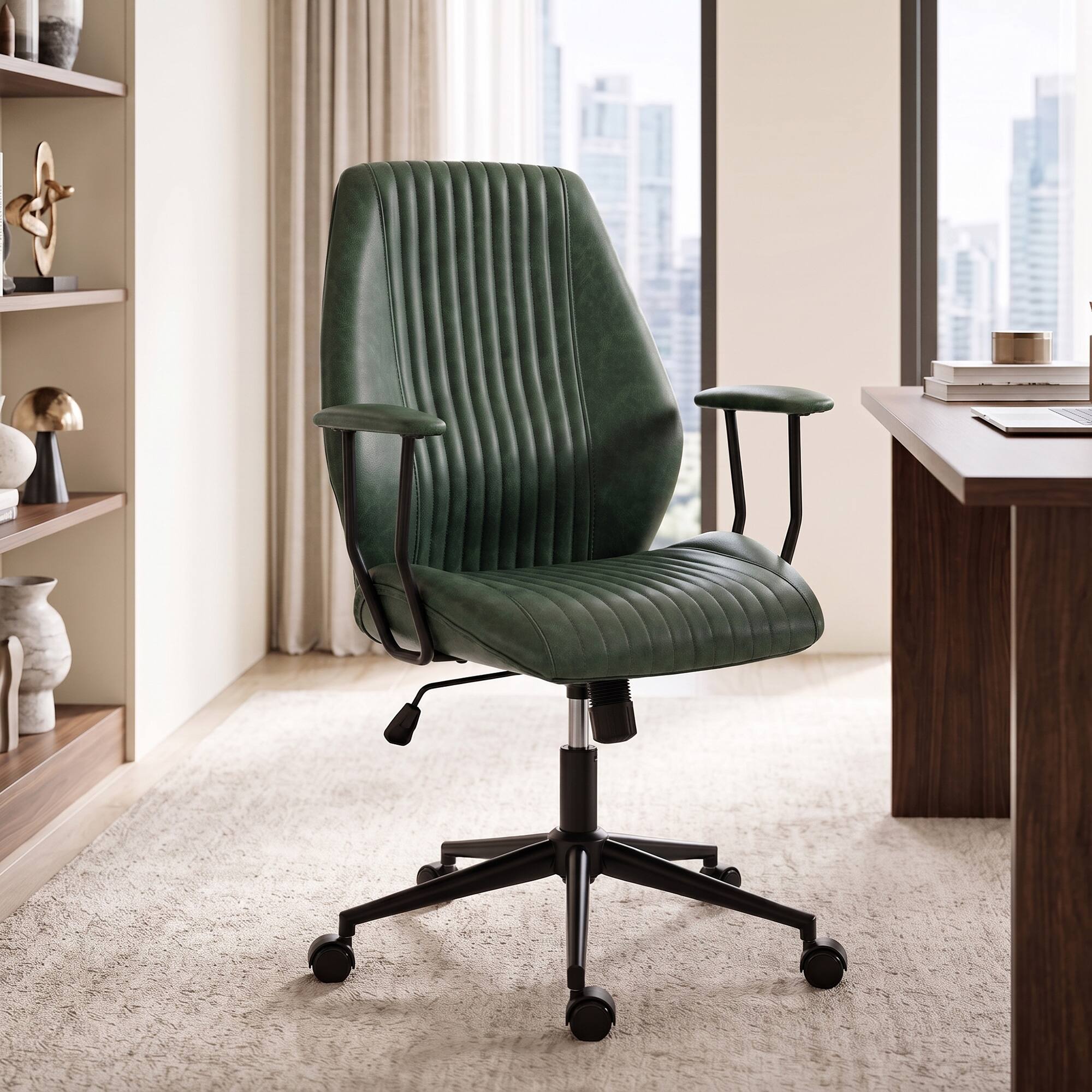 Alt View 1. Homcom - Home Office Desk Chair, Vintage Computer Chair with Padded Arms, 360° Swivel, Adjustable Height - Green.