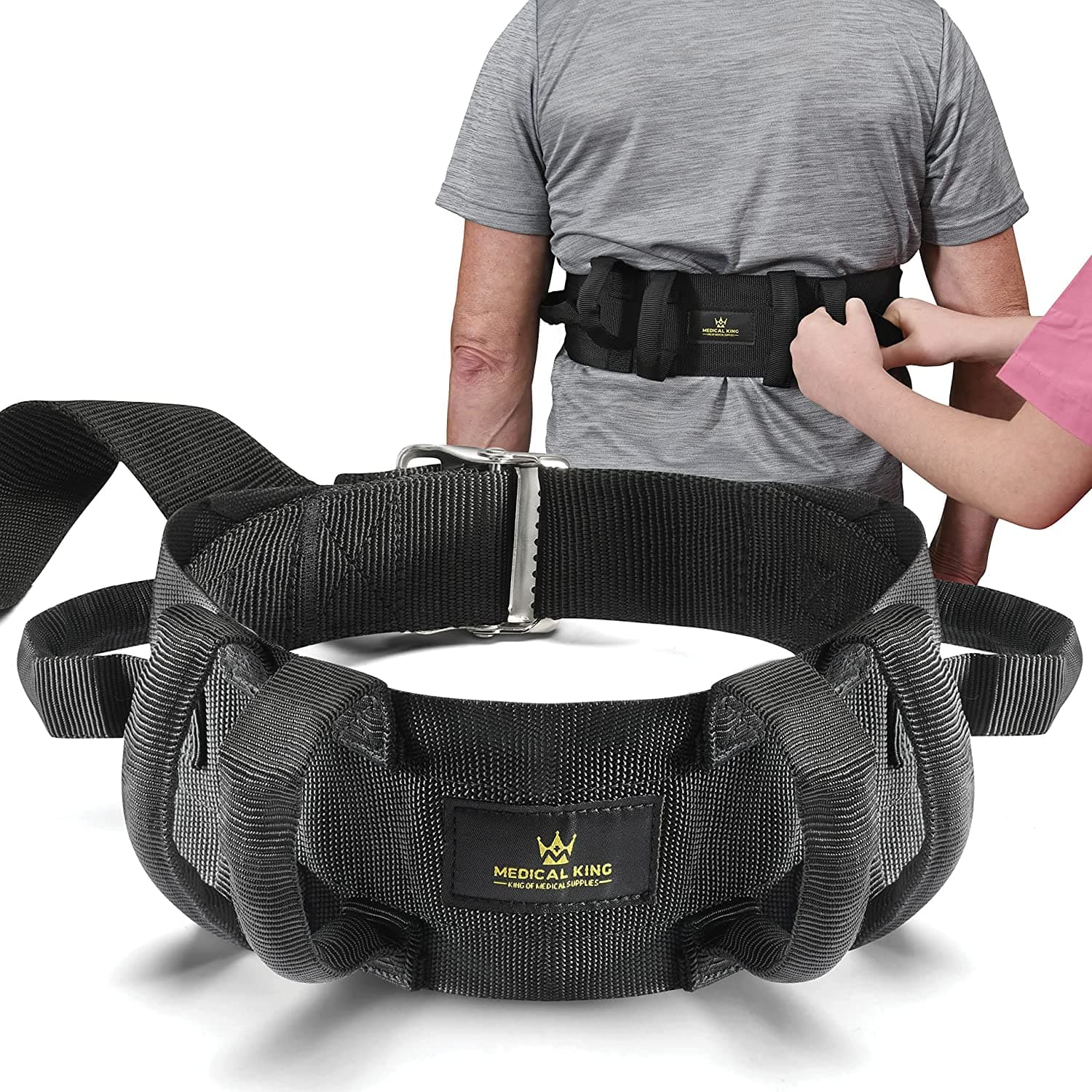 Medical King - Transfer Belt with 6 Handles – 50" Gait Belt Supports up to 500 lbs, Lift Belt for Elderly, Patients & Therapy - Black