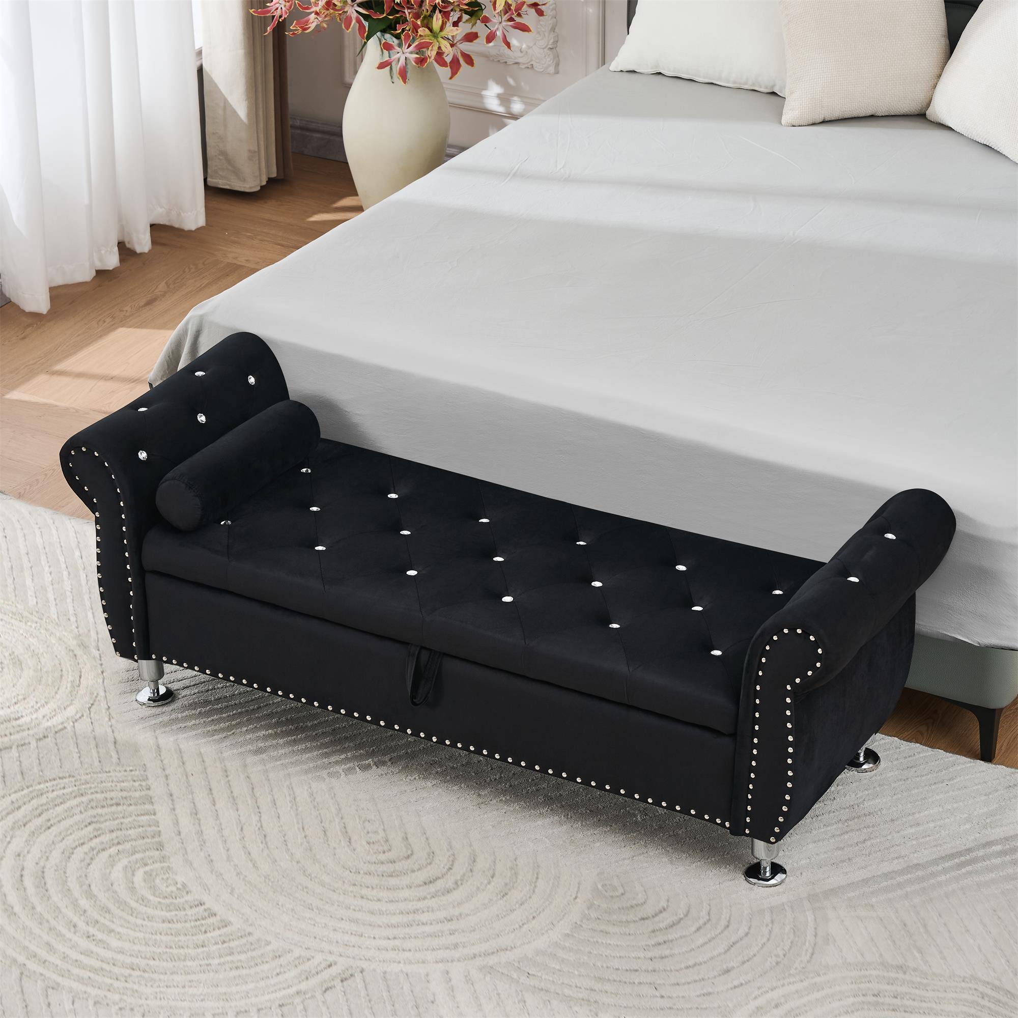 Alt View 1. Boyel Living - 62.2In Black Velvet Storage Bench w Crystal Buttons&Pillow for Bedroom Living Room - Black.