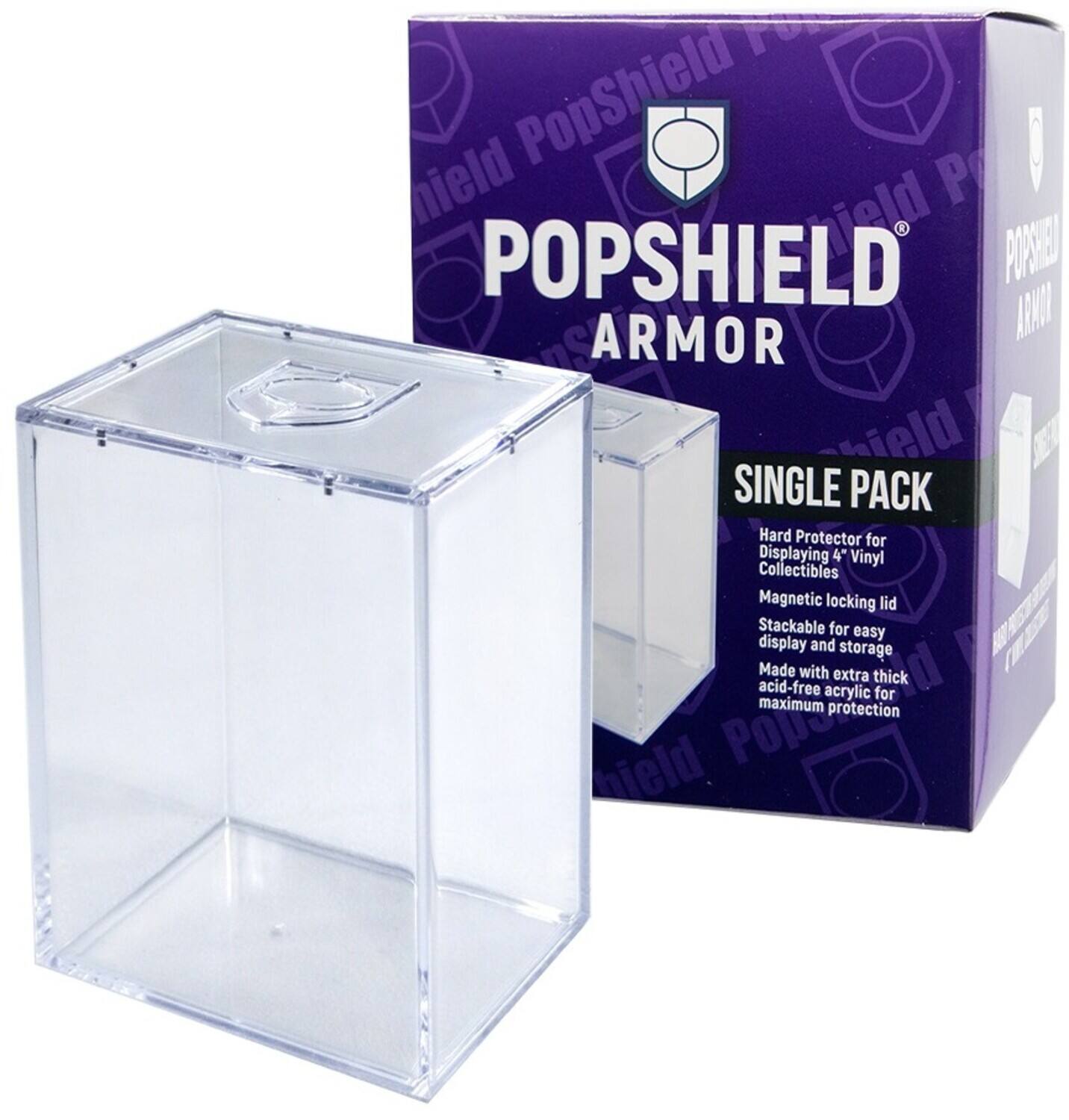 PopShield Armor  
Single Pack  
Hard Protector for Displaying 4" Vinyl Collectibles  
Magnetic locking lid  
Stackable for easy display and storage  
Made with extra thick acid-free acrylic for maximum protection