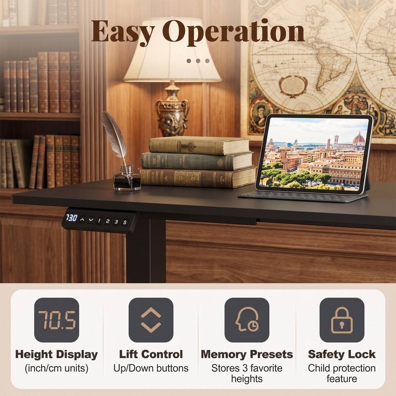 Easy Operation

THE STATION JURY

130 A V / 2 3 S 70.5

Height Display (inch/cm units)
Lift Control
Memory Presets
Safety Lock

Stores 3 favorite heights
Child protection feature