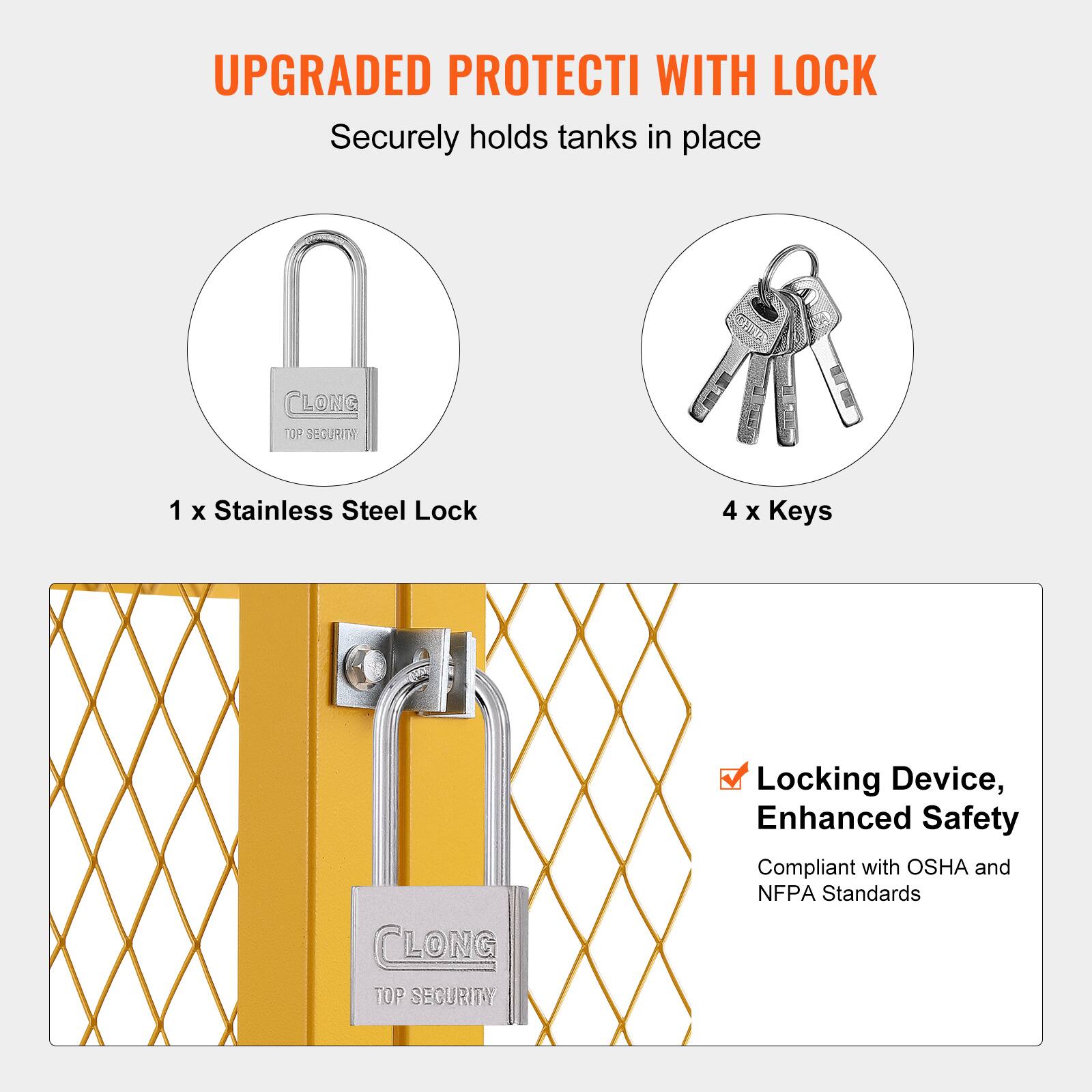 UPGRADED PROTECTION WITH LOCK  
Securely holds tanks in place  

1 x Stainless Steel Lock  
4 x Keys  

Locking Device, Enhanced Safety  
Compliant with OSHA and NFPA Standards