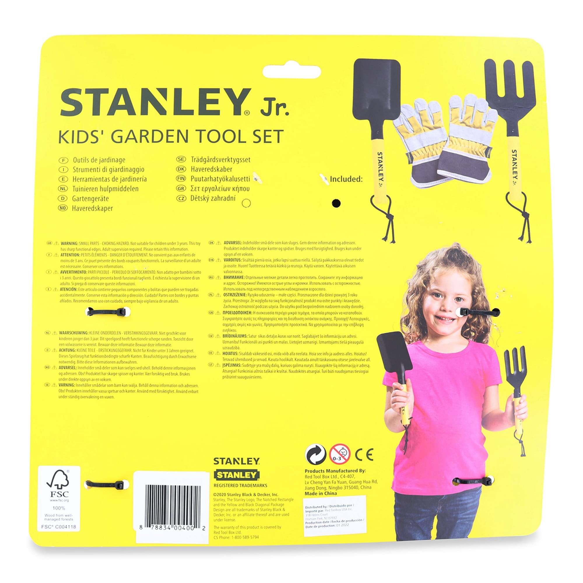 STANLEY Jr. KIDS' GARDEN TOOL SET  
Outils de jardinage  
Tradgårdsväktygsset  
Strumenti giardinaggio  
Haveredskaber  
Herramientas de jardinería  
Puutarhatyökaluetti  
Tuinieren hulpmiddelen  
Eet vurADyQ3 u Gartengerate  
Detsky zahradni  
Haveredskaper  

Included:  
STANLEY  
STANLEY  
STANLEY  

WARNING: CHOKING HAZARD - Small parts. Not for children under 3 years.  
ADVERTENCIA: Peligro de asfixia. No es adecuado para niños menores de 3 años.  
AVERTISSEMENT: Péril d'étouffement. Ne convient pas aux enfants de moins de 3 ans.  
WARNSCHUUNG: Erstickungsgefahr. Nicht für Kinder unter 3 Jahren geeignet.  
AVISO: Peligro de asfixia. No es adecuado para niños menores de 3 años.  
AVISO: Peligro de asfixia. No es adec