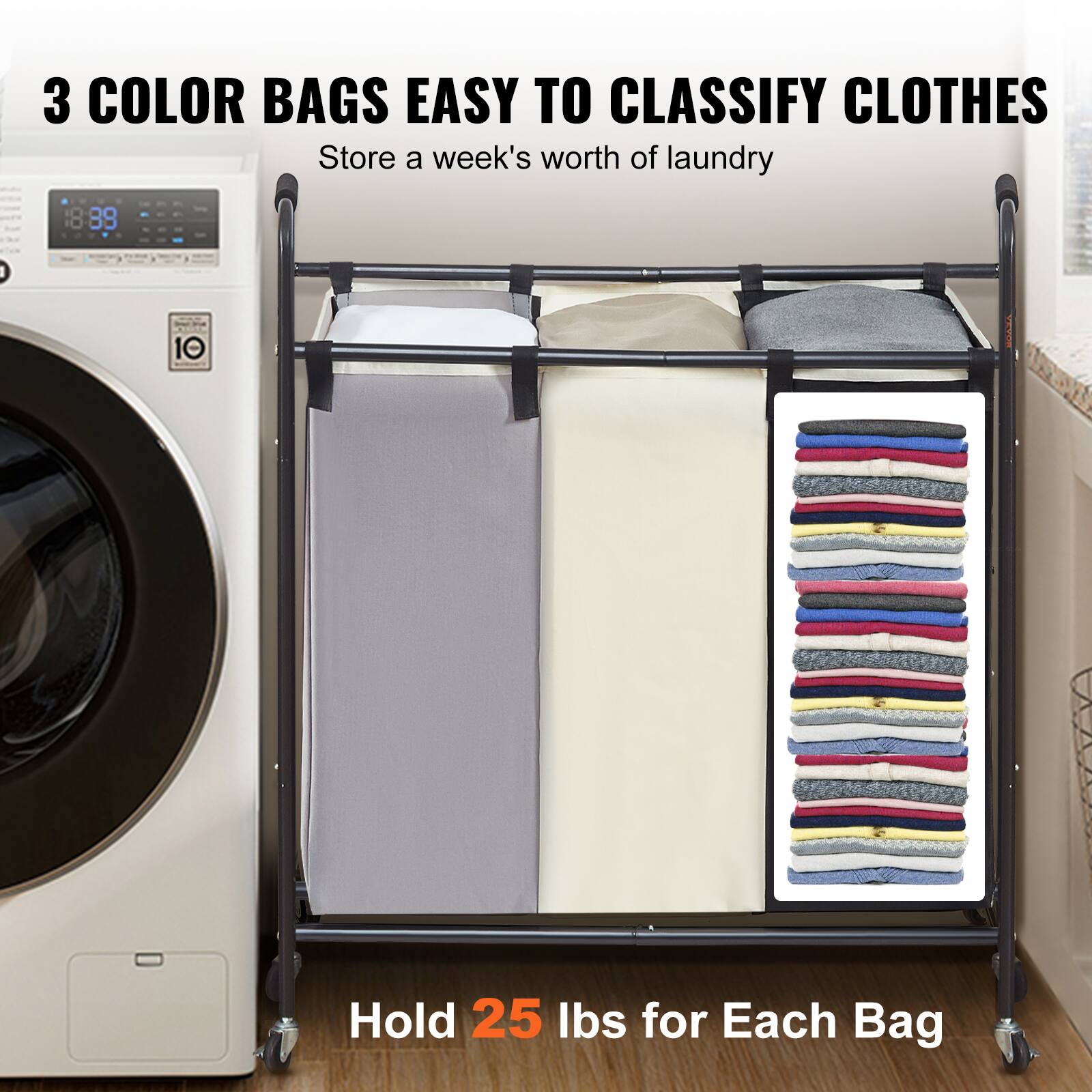 3 COLOR BAGS EASY TO CLASSIFY CLOTHES  
Store a week's worth of laundry  

Hold 25 lbs for Each Bag