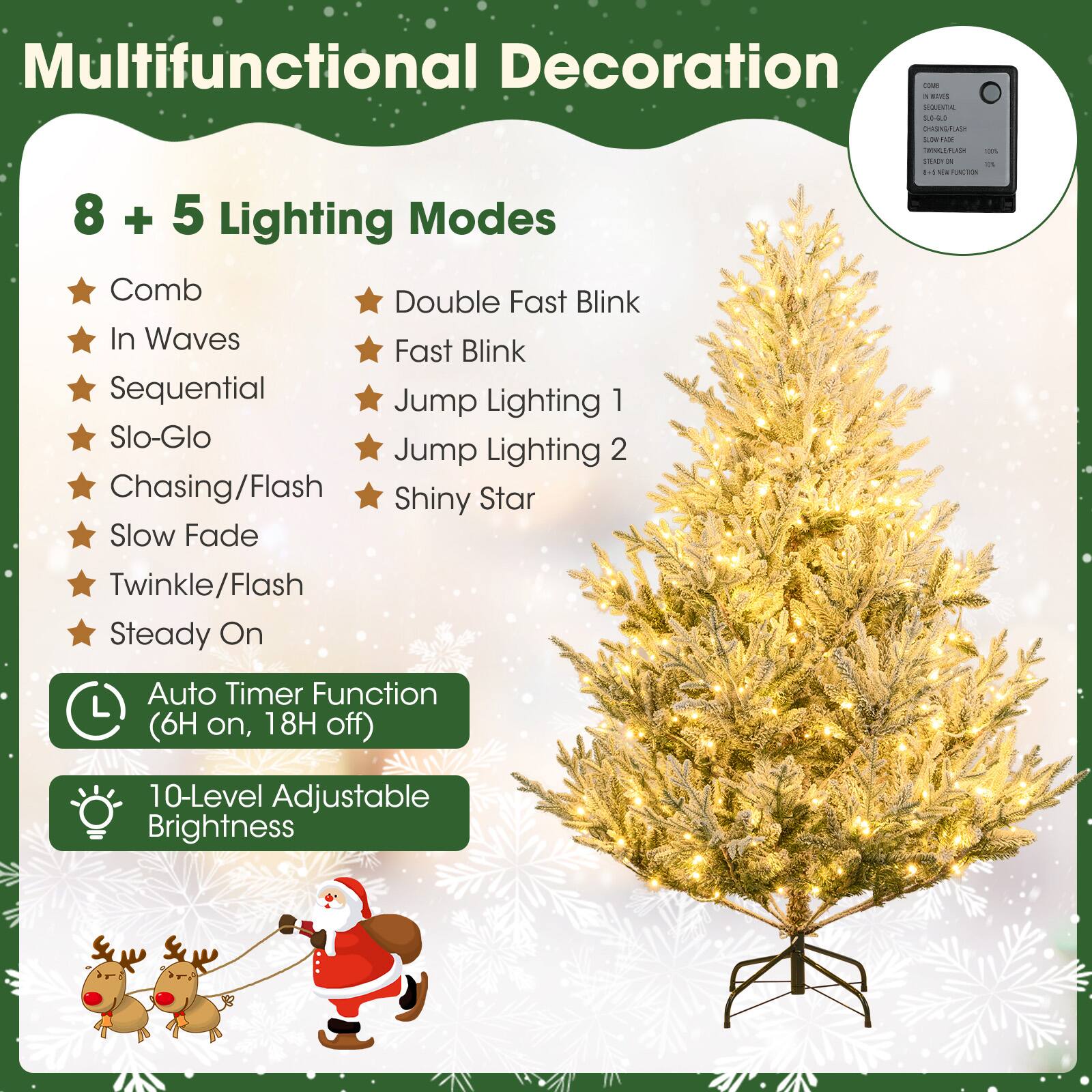 Multifunctional Decoration

8 + 5 Lighting Modes
- Comb
- In Waves
- Sequential
- Slo-Glo
- Chasing/Flash
- Slow Fade
- Twinkle/Flash
- Steady On
- Double Fast Blink
- Fast Blink
- Jump Lighting 1
- Jump Lighting 2
- Shiny Star

Auto Timer Function (6H on, 18H off)
10-Level Adjustable Brightness