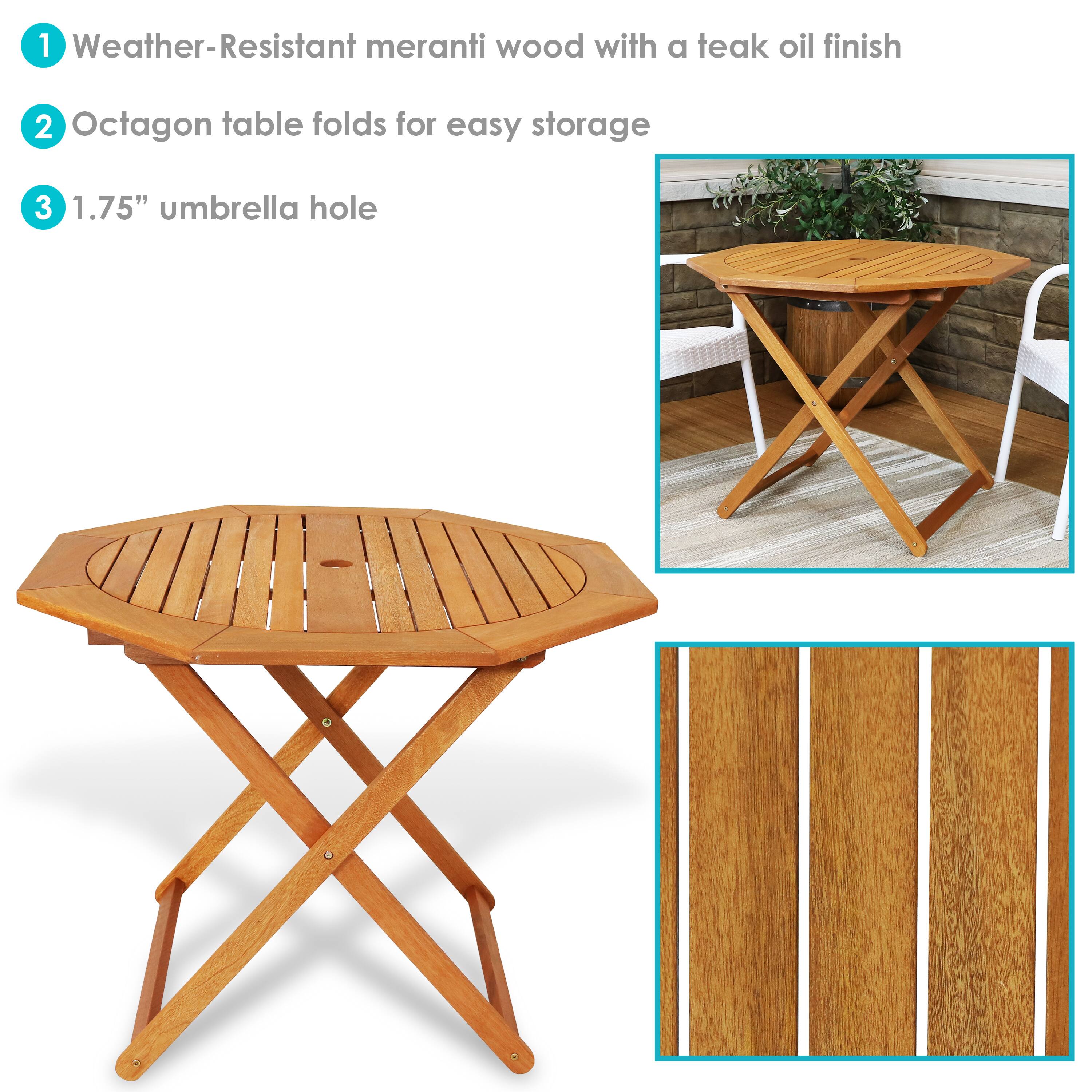 1. Weather-Resistant meranti wood with a teak oil finish  
2. Octagon table folds for easy storage  
3. 1.75" umbrella hole