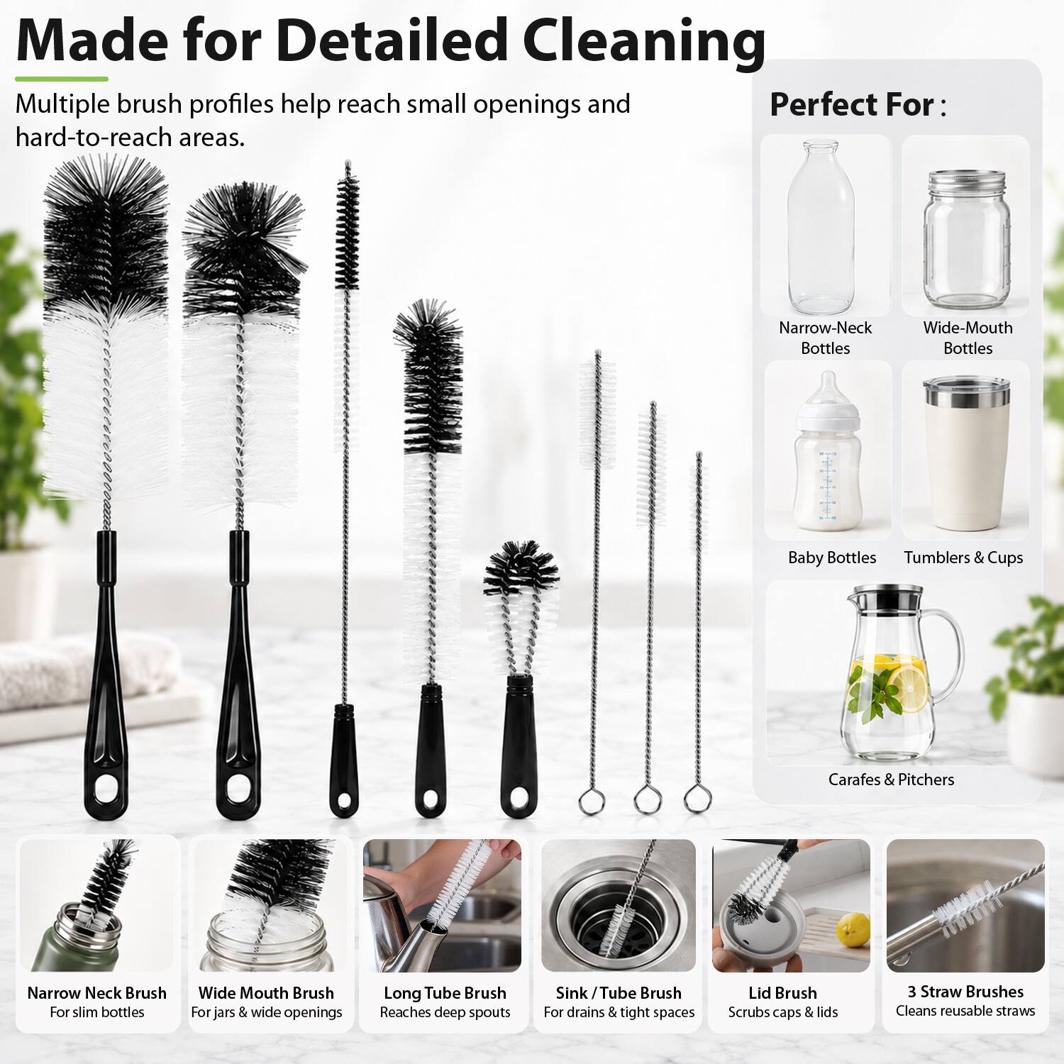 Garnen 8 Pcs Bottle Brush with Straw Cleaner, Bottle Cleaner Brush Set ...
