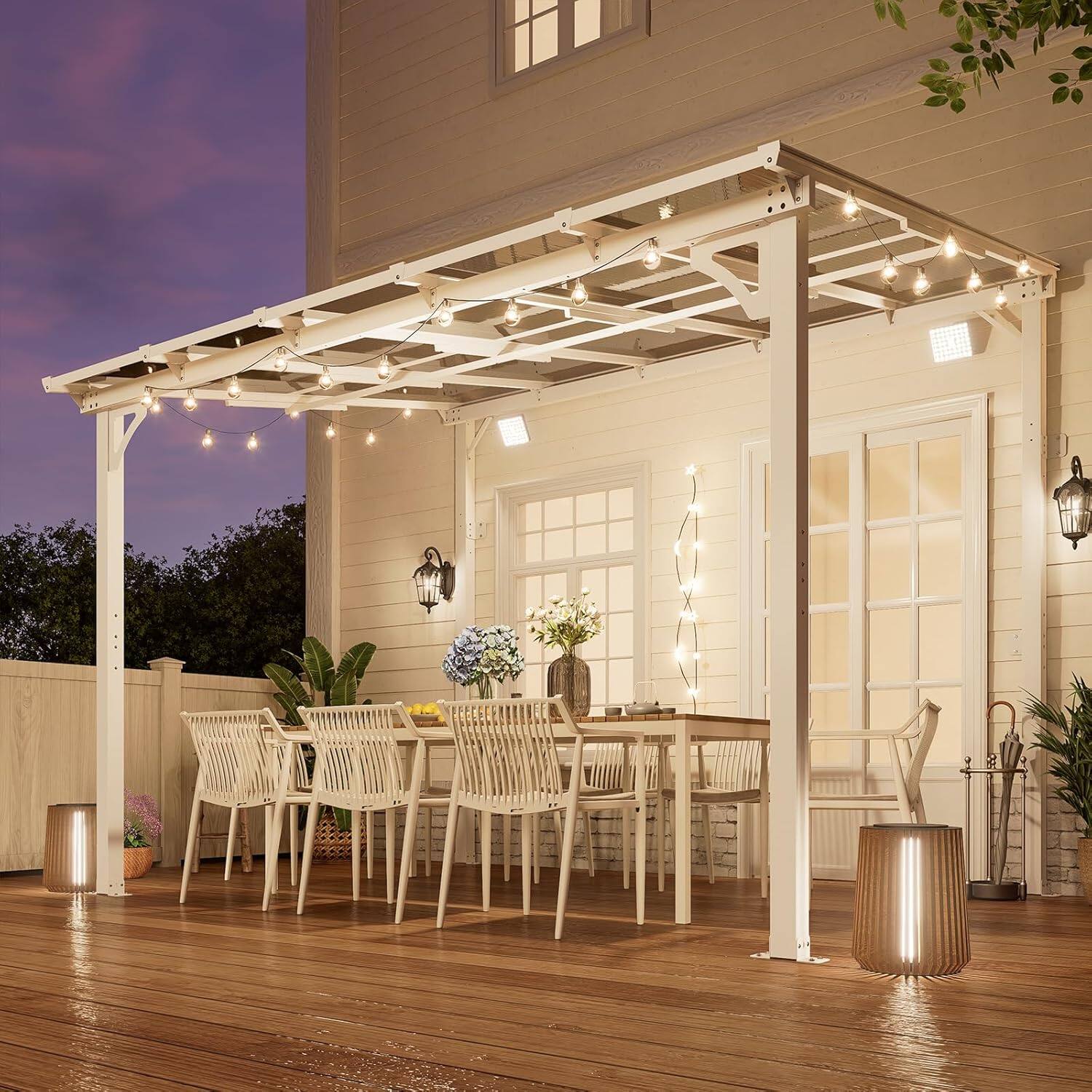 Angle. Yardgrace - 8'x 10' Outdoor Wall Mounted Lean-to Gazebo, Heavy Duty Sloped Roof Metal Awning for Patio, Decks & Backyard - White.