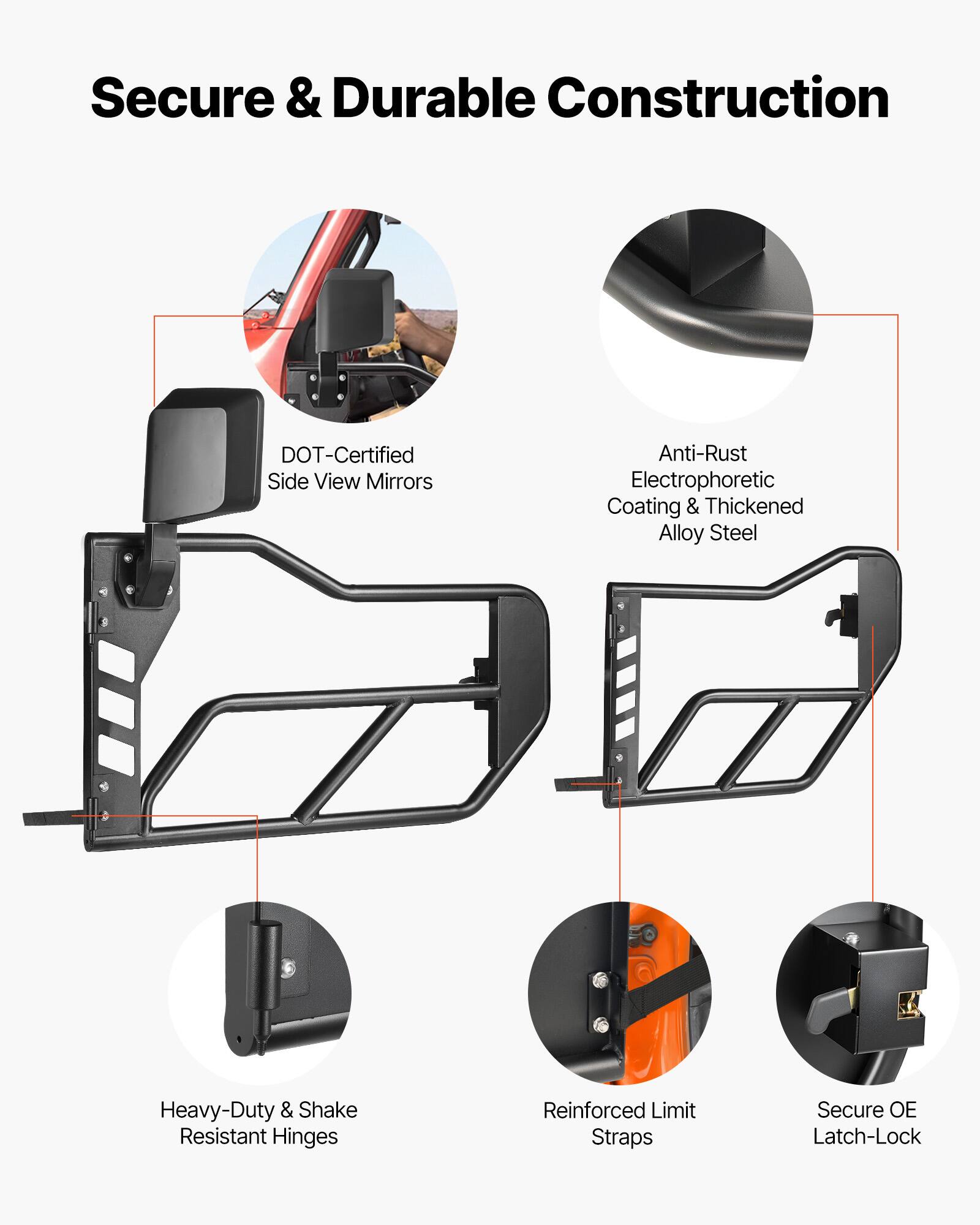 Secure & Durable Construction

- DOT-Certified Side View Mirrors
- Anti-Rust Electrophoretic Coating & Thickened Alloy Steel
- Heavy-Duty & Shake Resistant Hinges
- Reinforced Limit Straps
- Secure OE Latch-Lock