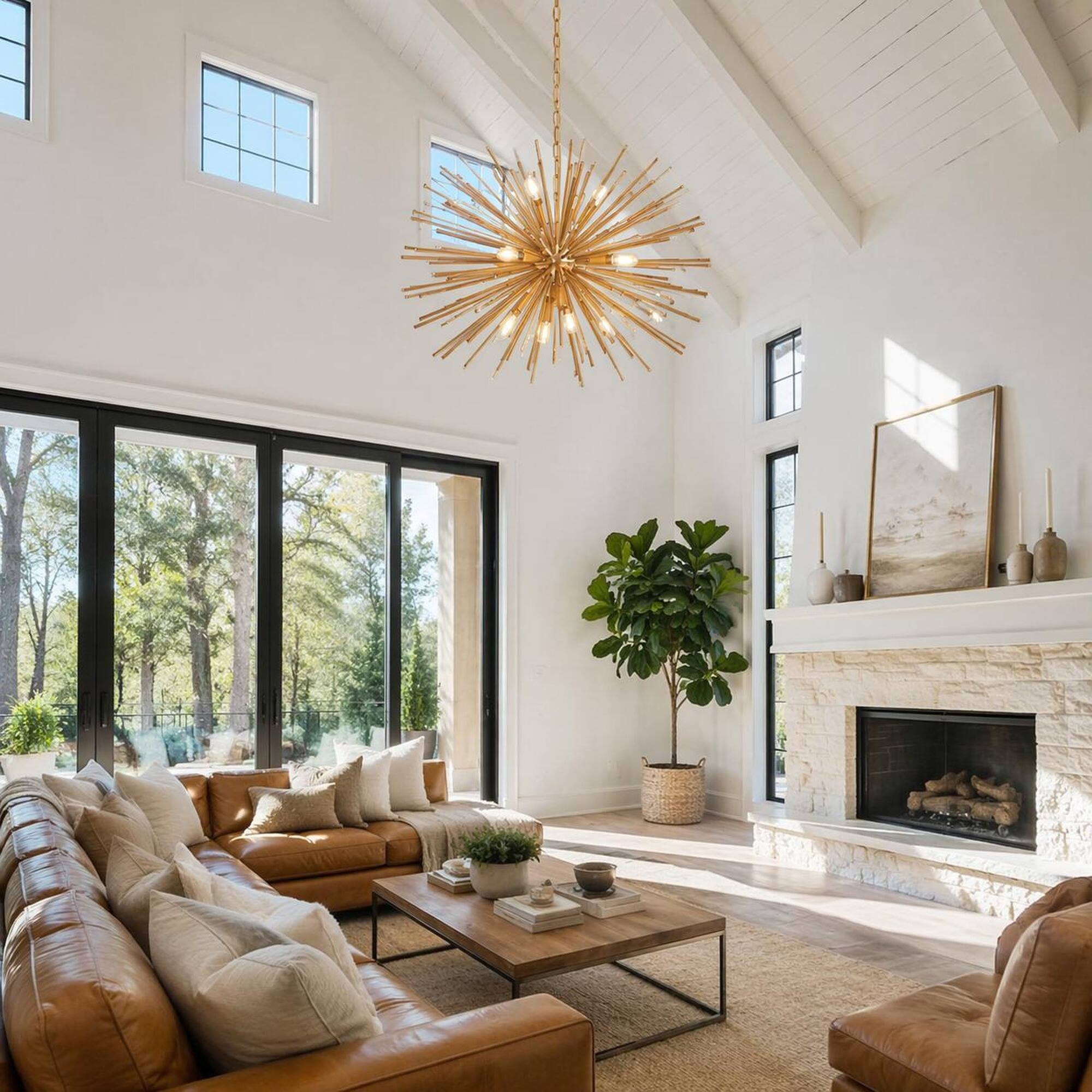 Angle. RYHNUYNE - 29-Inch Mid-Century Modern 12-Light Gold Starburst Chandelier, Sputnik Pendant Ceiling Light for Living Room.