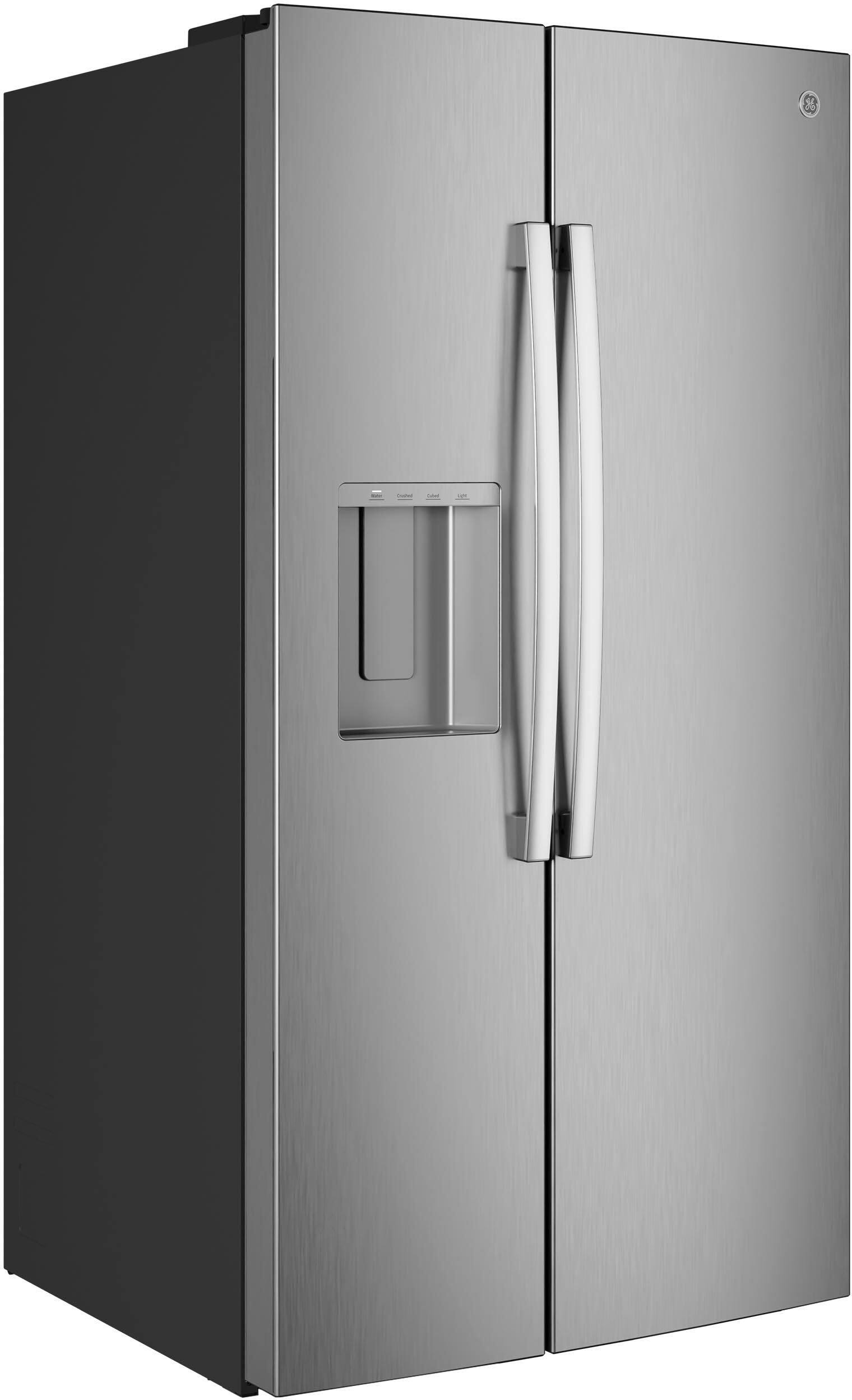 Alt View 27. GE - 36 in. Wide 27.9 Cu. Ft. Side-By-Side Refrigerator with Extra Tall Dispenser and In-Door Icemaker - Stainless Steel.