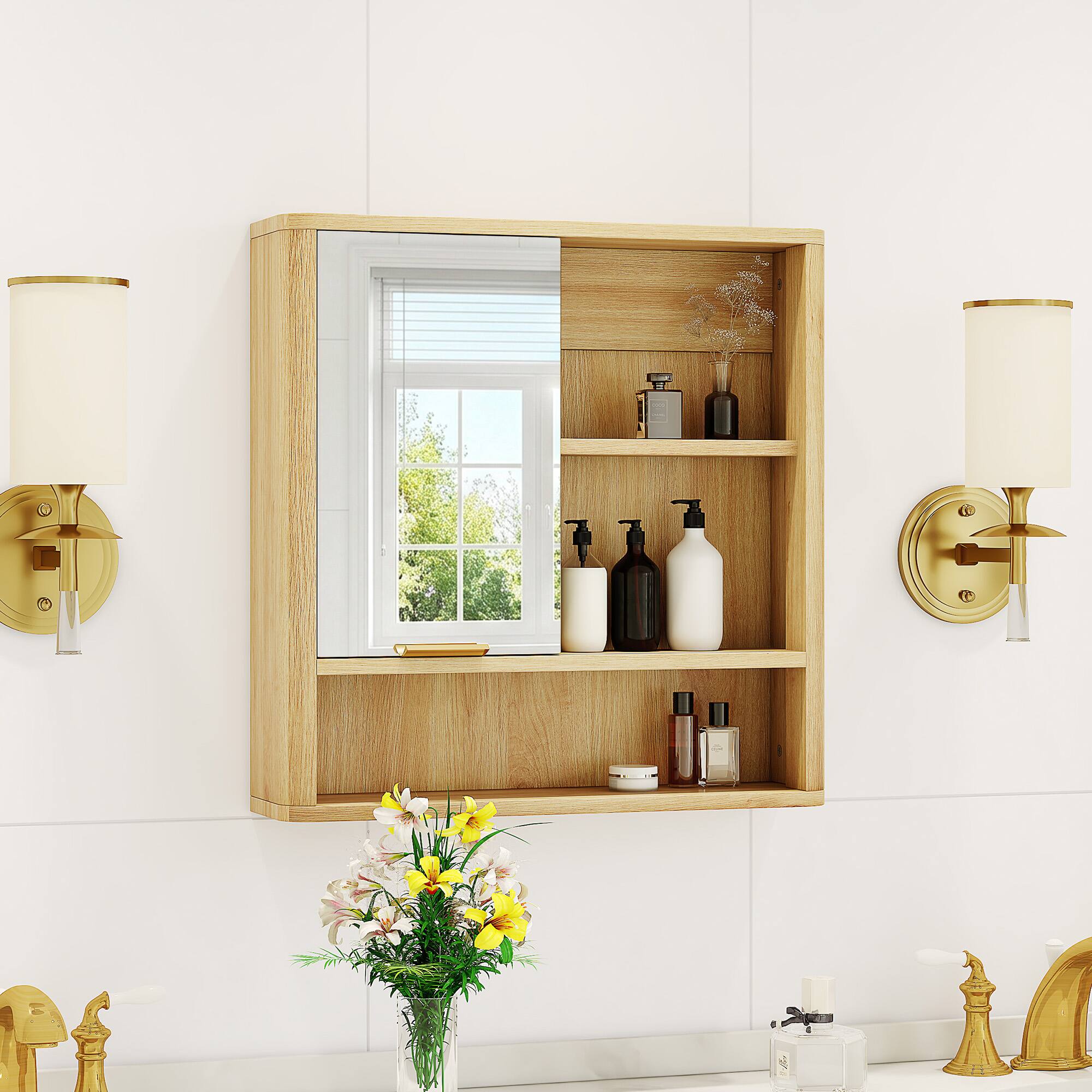 Left. Loheer - Loheer- Wall Mounted Bathroom Mirror Cabinet with Open Shelves Natural Wood Finish 1.79ft x 0.42ft x 1.83ft - Wood.