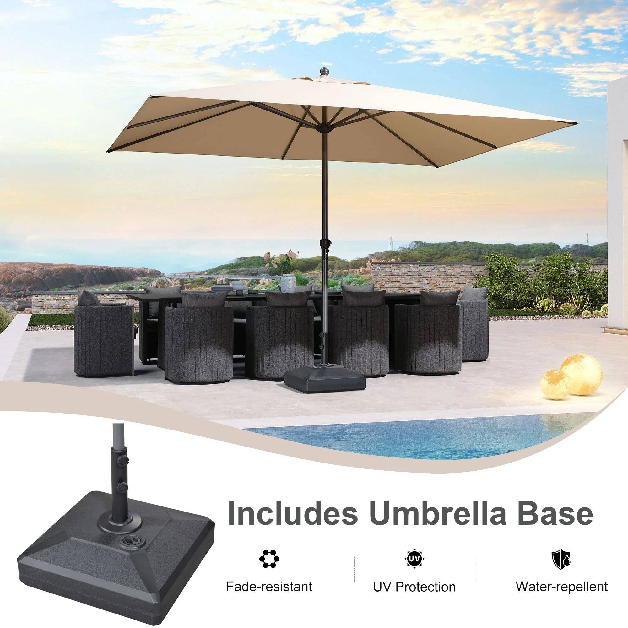 Includes Umbrella Base  
- Fade-resistant  
- UV Protection  
- Water-repellent